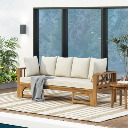 Outdoor Extendable Acacia Wood 3 Seater Sofa, Upholstered Cushion Couch, Daybed Sofa Chair, Spacious Seating Lounge Chair, Patio Daybed Sofa for Garden Yard image 4