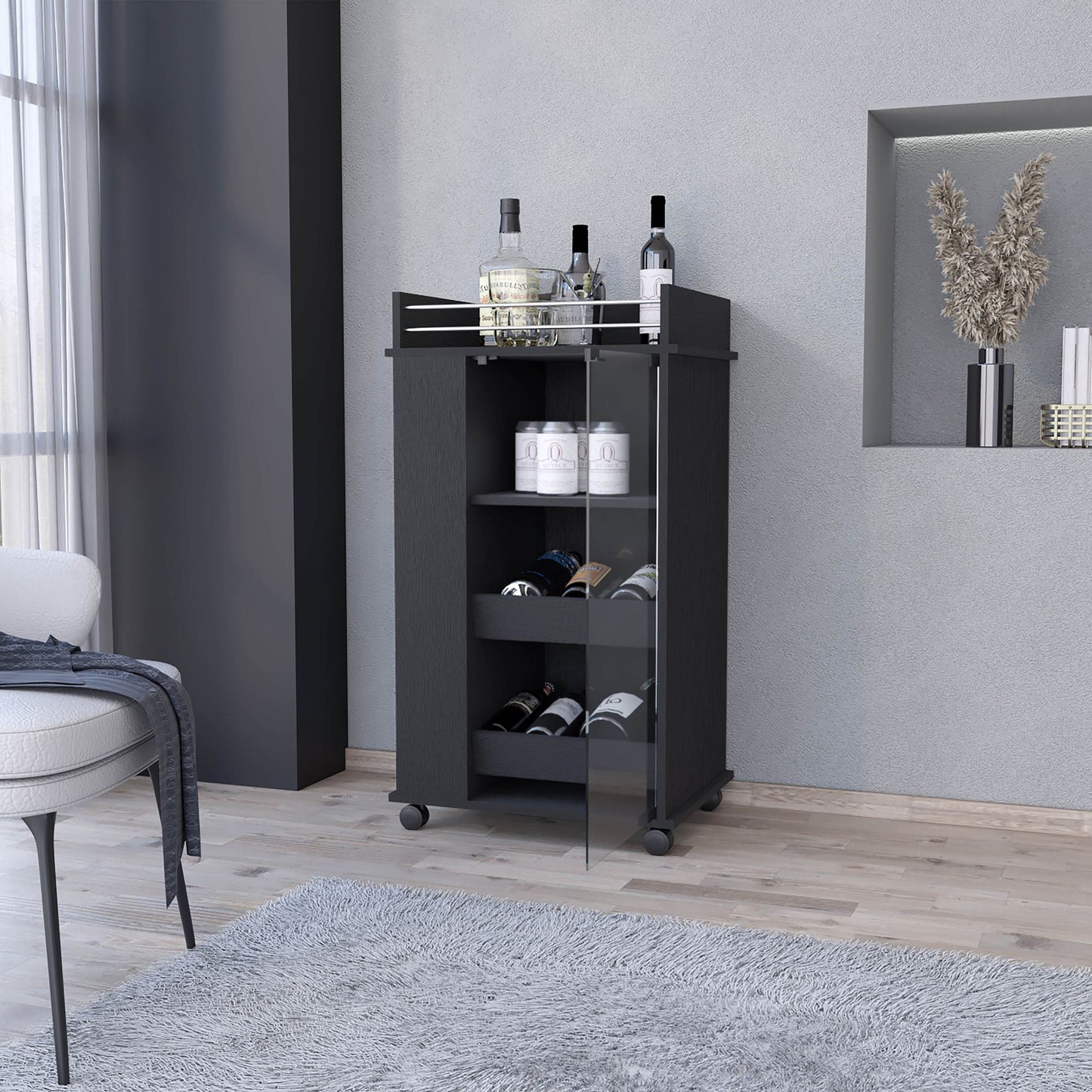 Lusk Bar Cart with 2-Bottle Holder Shelf, Glass Door and Casters image 5