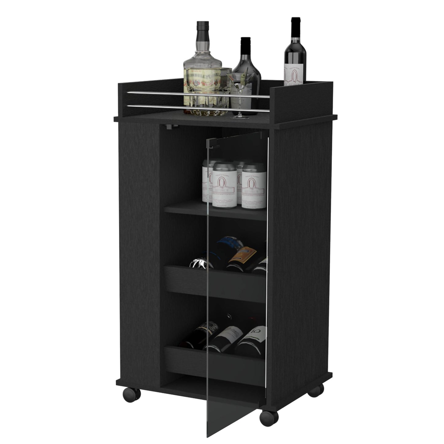 Lusk Bar Cart with 2-Bottle Holder Shelf, Glass Door and Casters image 6