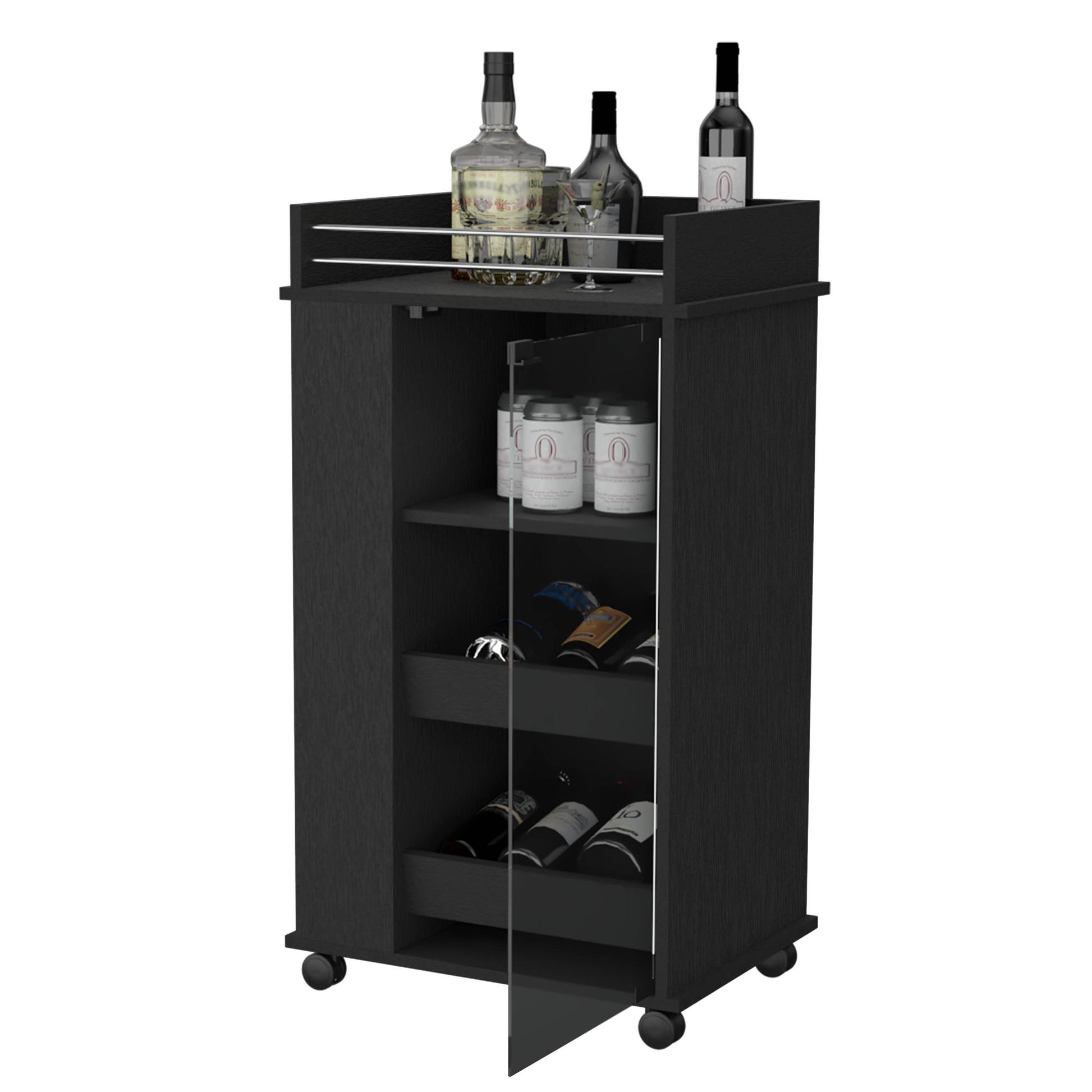 Lusk Bar Cart with 2-Bottle Holder Shelf, Glass Door and Casters image 6
