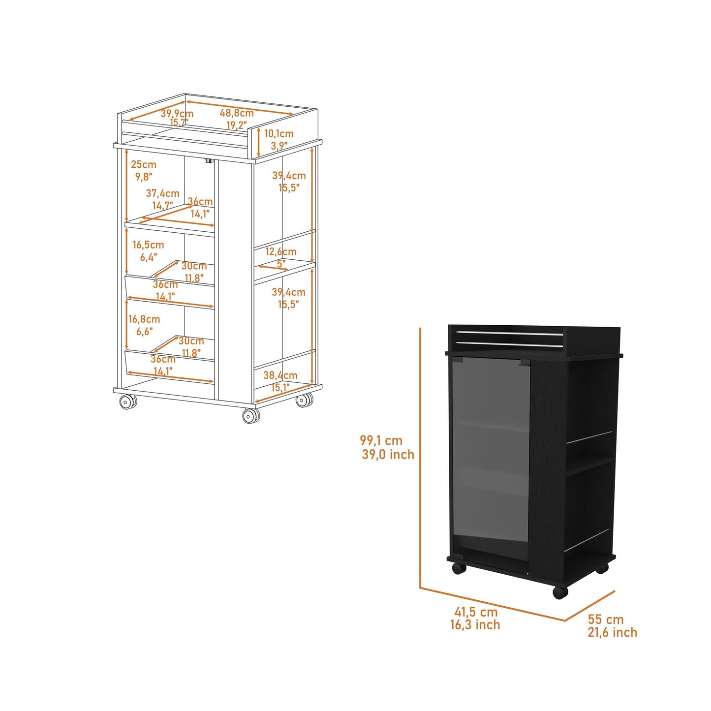Lusk Bar Cart with 2-Bottle Holder Shelf, Glass Door and Casters image 3