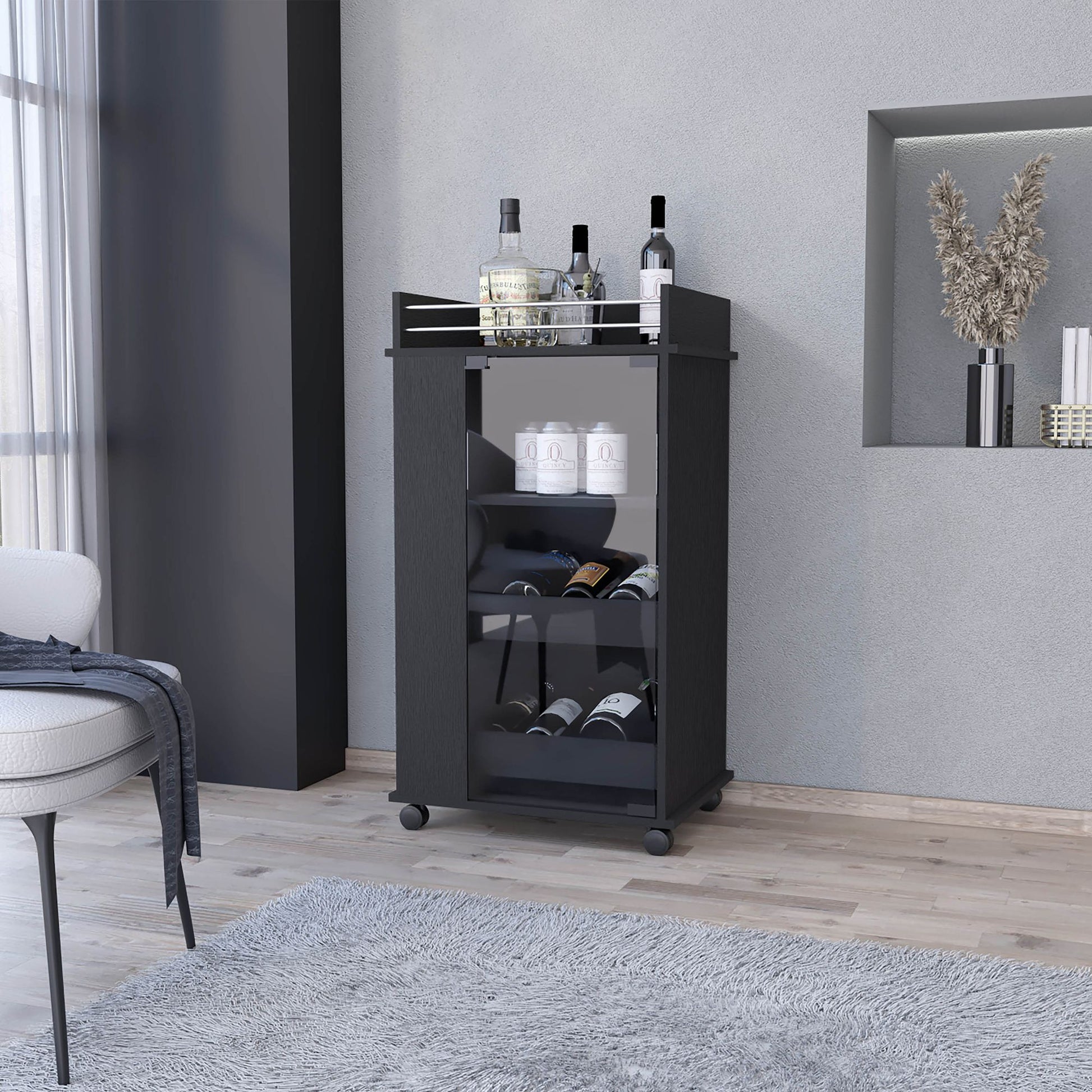 Lusk Bar Cart with 2-Bottle Holder Shelf, Glass Door and Casters image 1