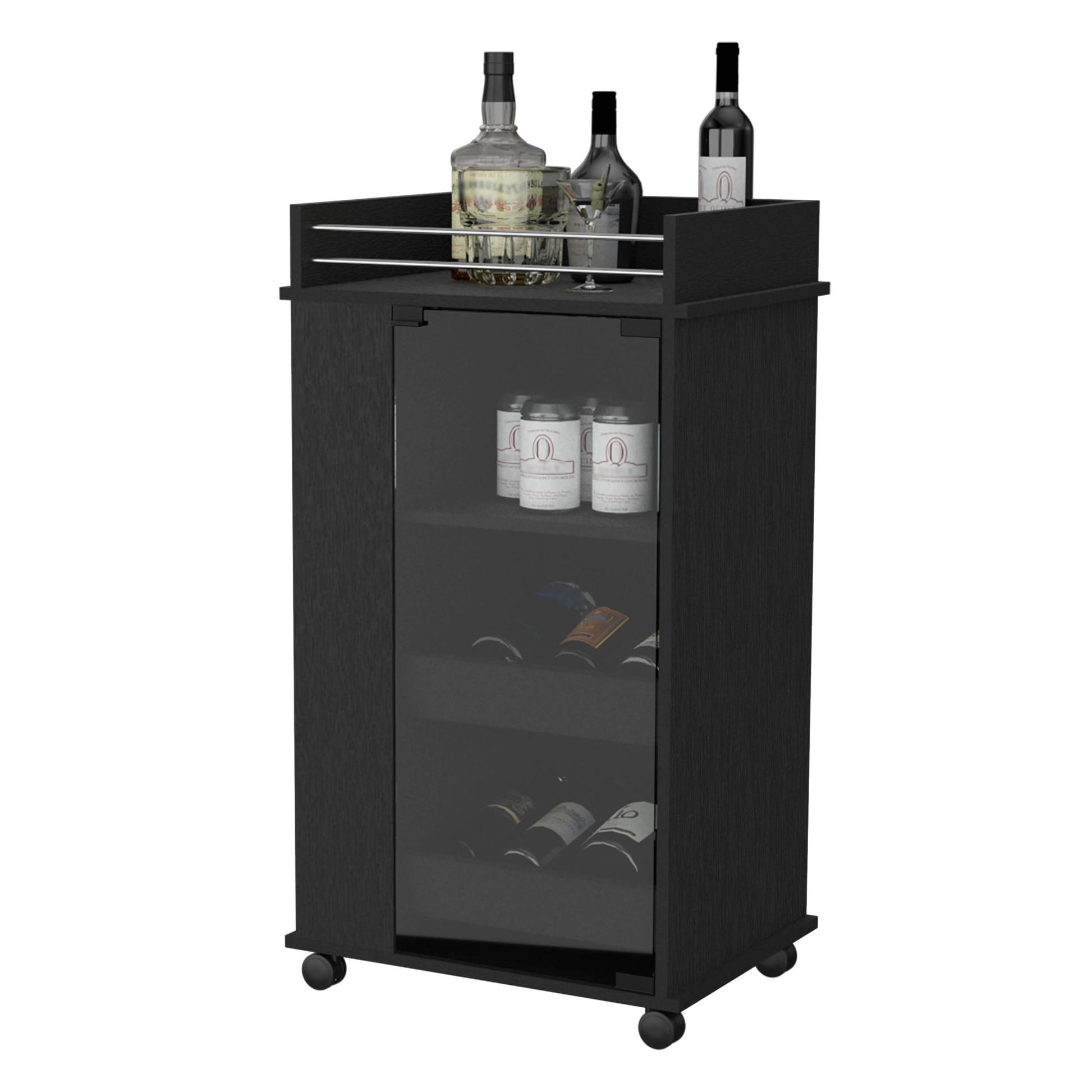 Lusk Bar Cart with 2-Bottle Holder Shelf, Glass Door and Casters image 7