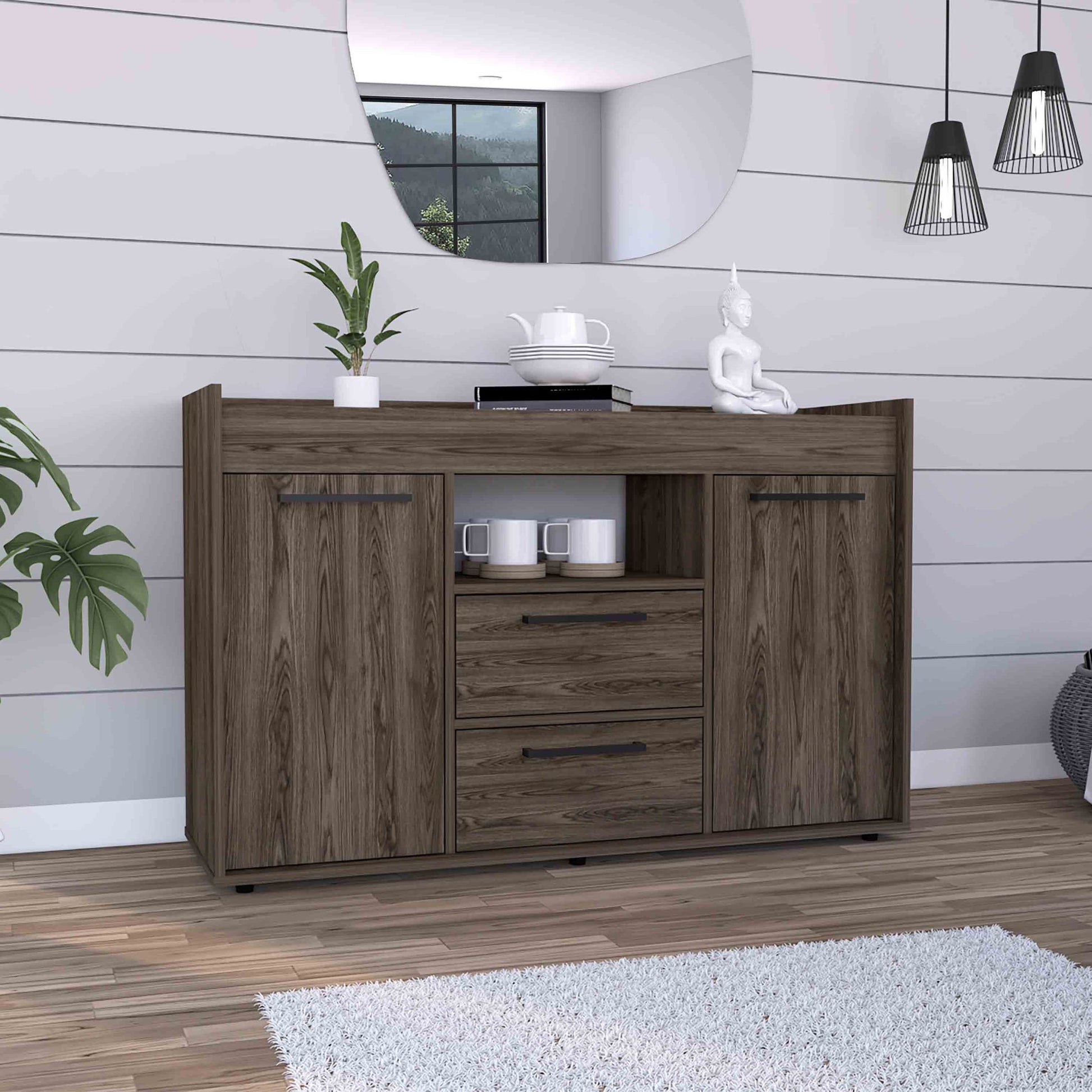 Lyon Sideboard, Two Drawers, Double Door Cabinets -Dark Walnut image 1