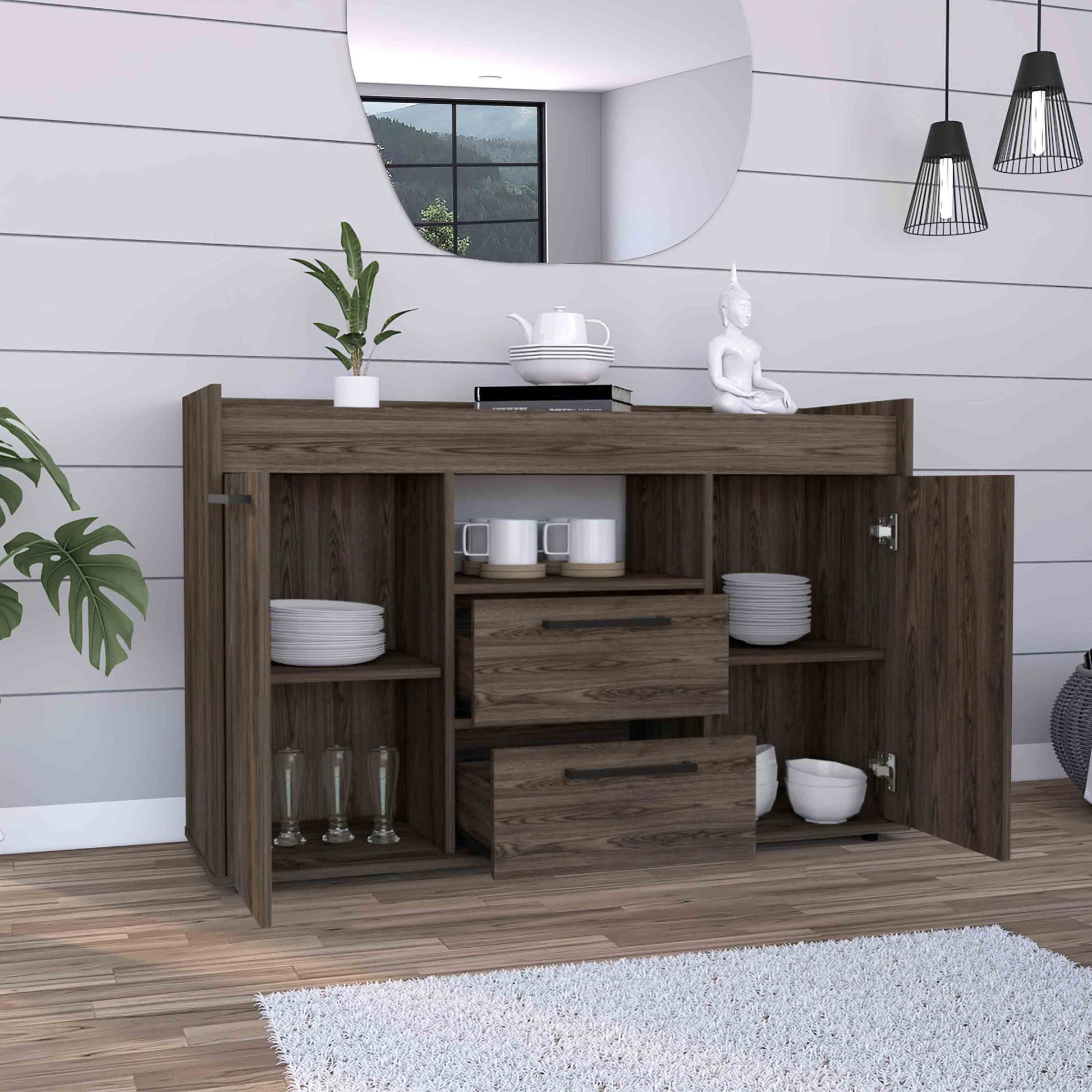 Lyon Sideboard, Two Drawers, Double Door Cabinets -Dark Walnut image 4