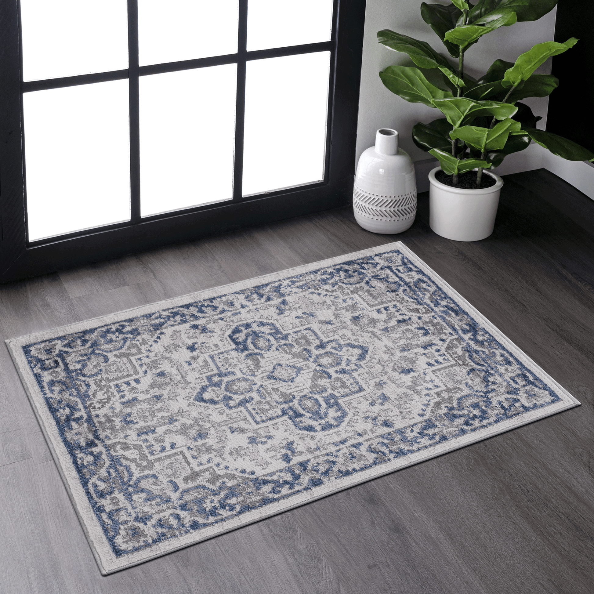 MARFI Collection 2X3 Blue / Grey / Oriental Doormat Rug image 1