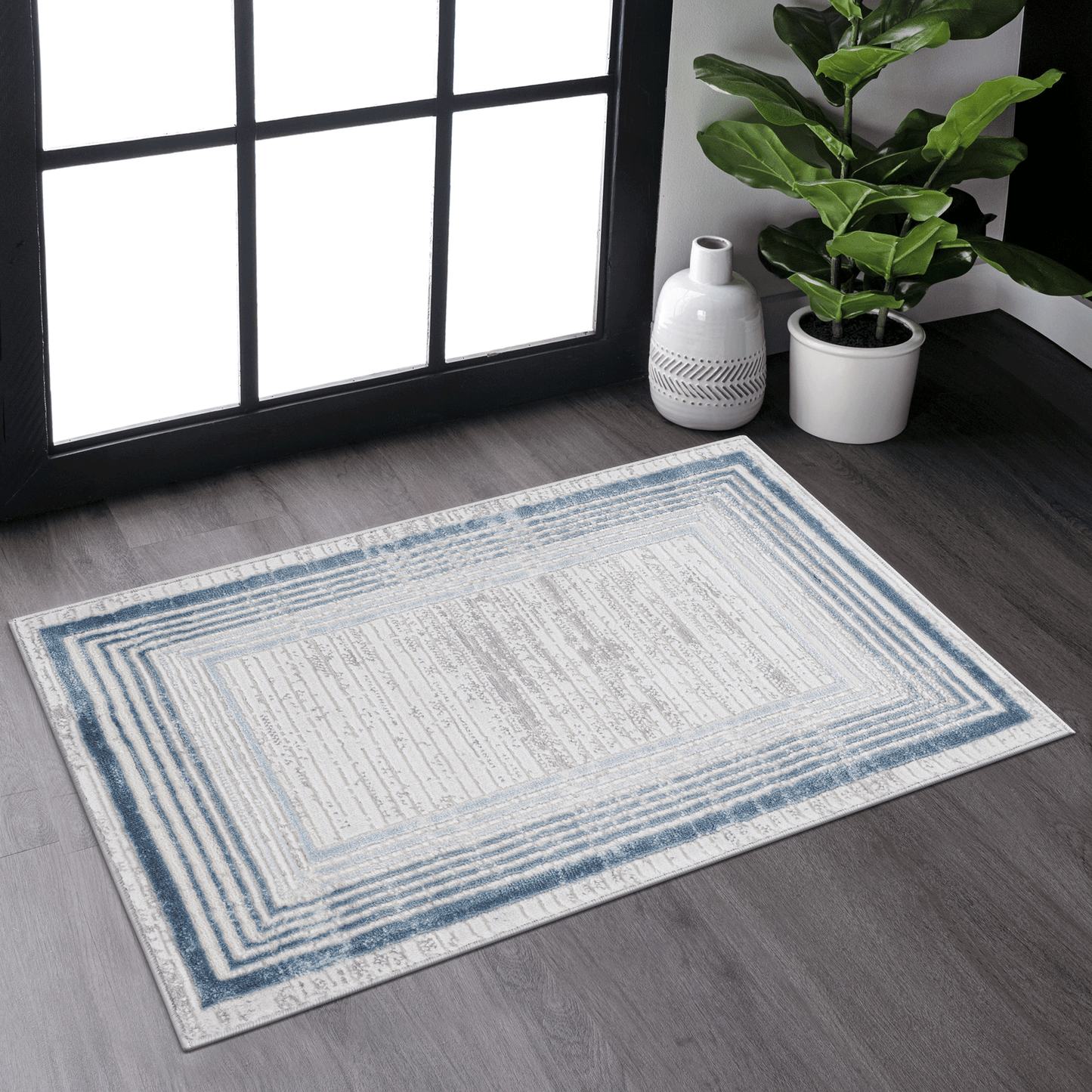 MARFI Collection 2X3 Blue / Ivory / Bordered Doormat Rug image 1