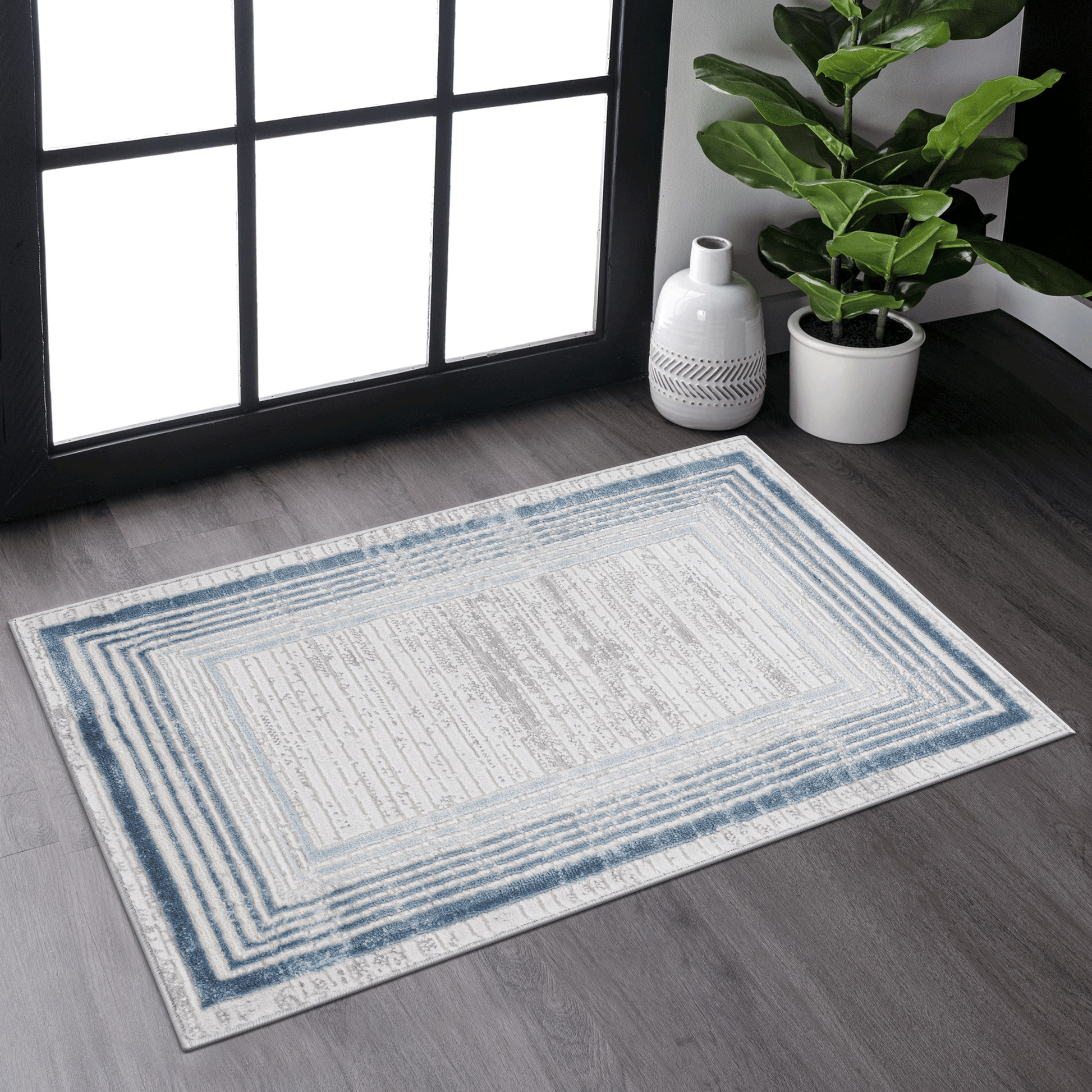 MARFI Collection 2X3 Blue / Ivory / Bordered Doormat Rug image 1