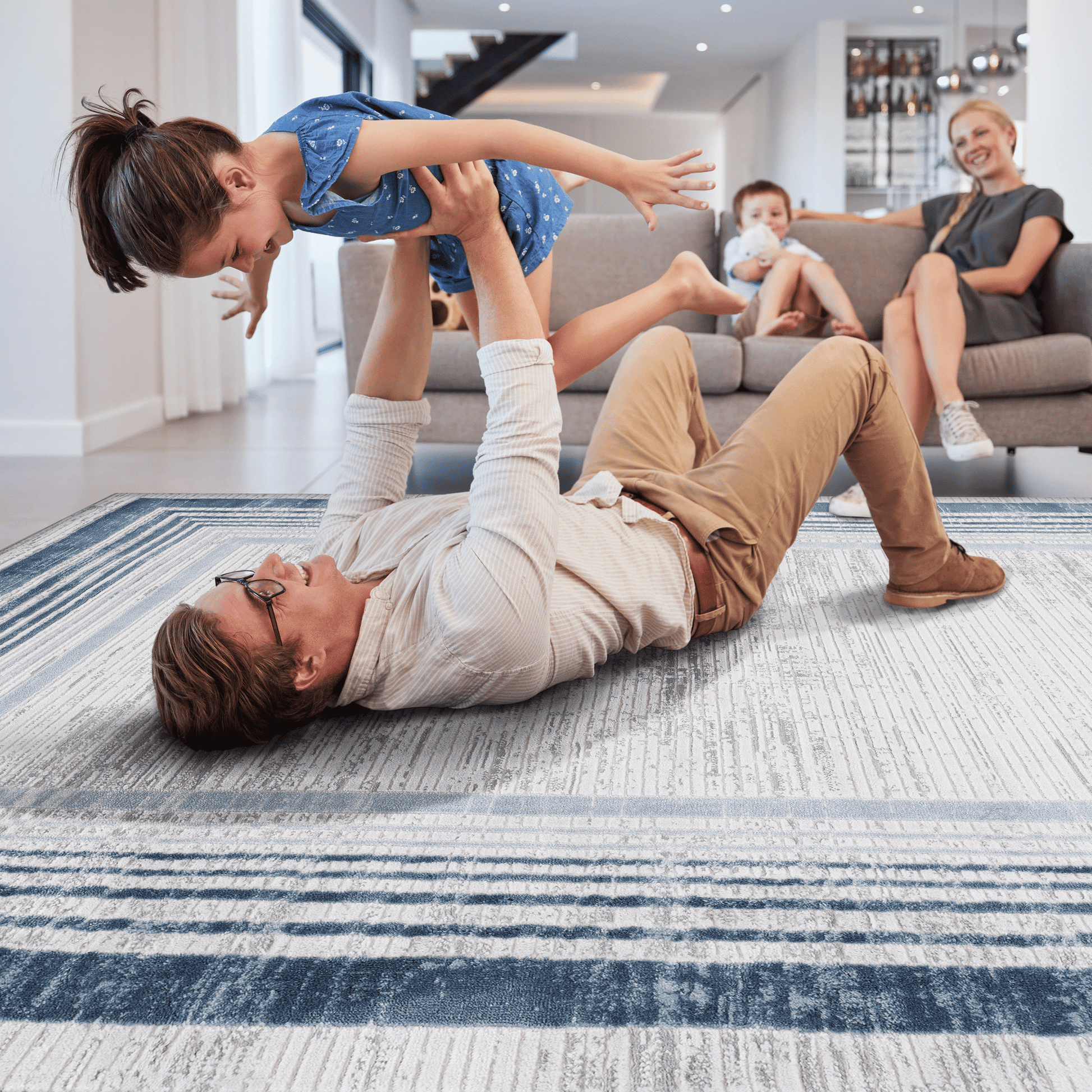 MARFI Collection 2X3 Blue / Ivory / Bordered Doormat Rug image 3