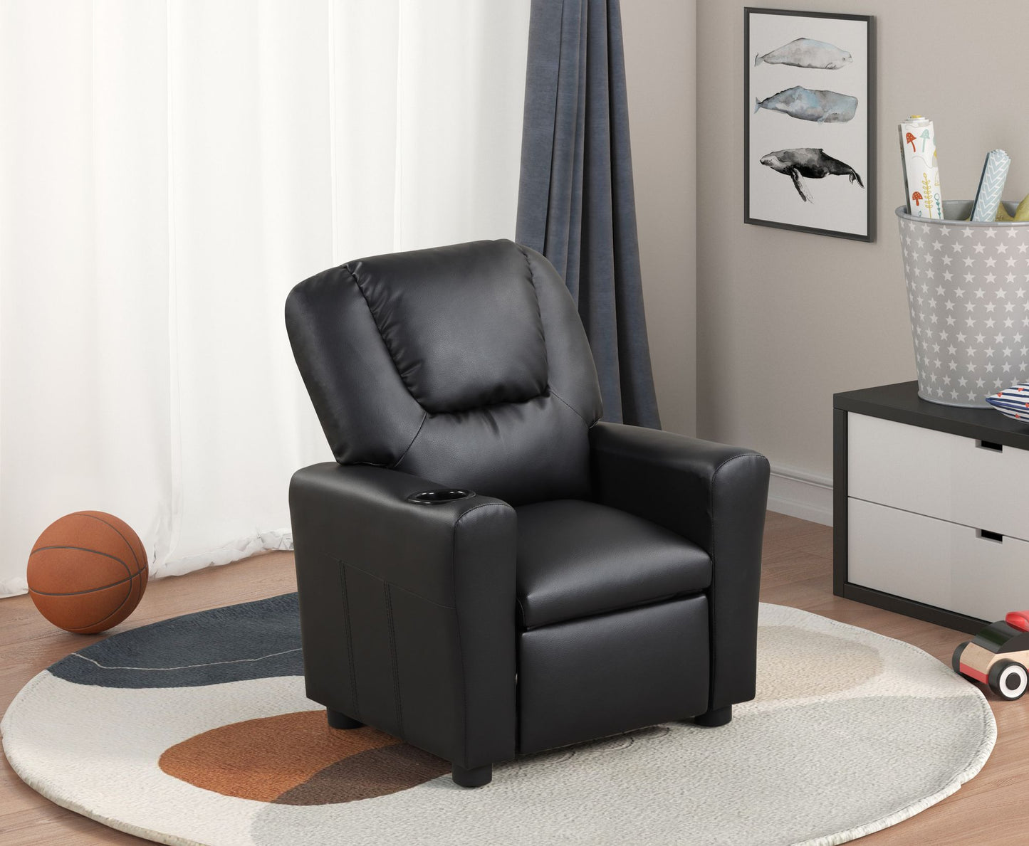 Marisa 23" Black PU Leather Kids Recliner Chair with Cupholder image 1