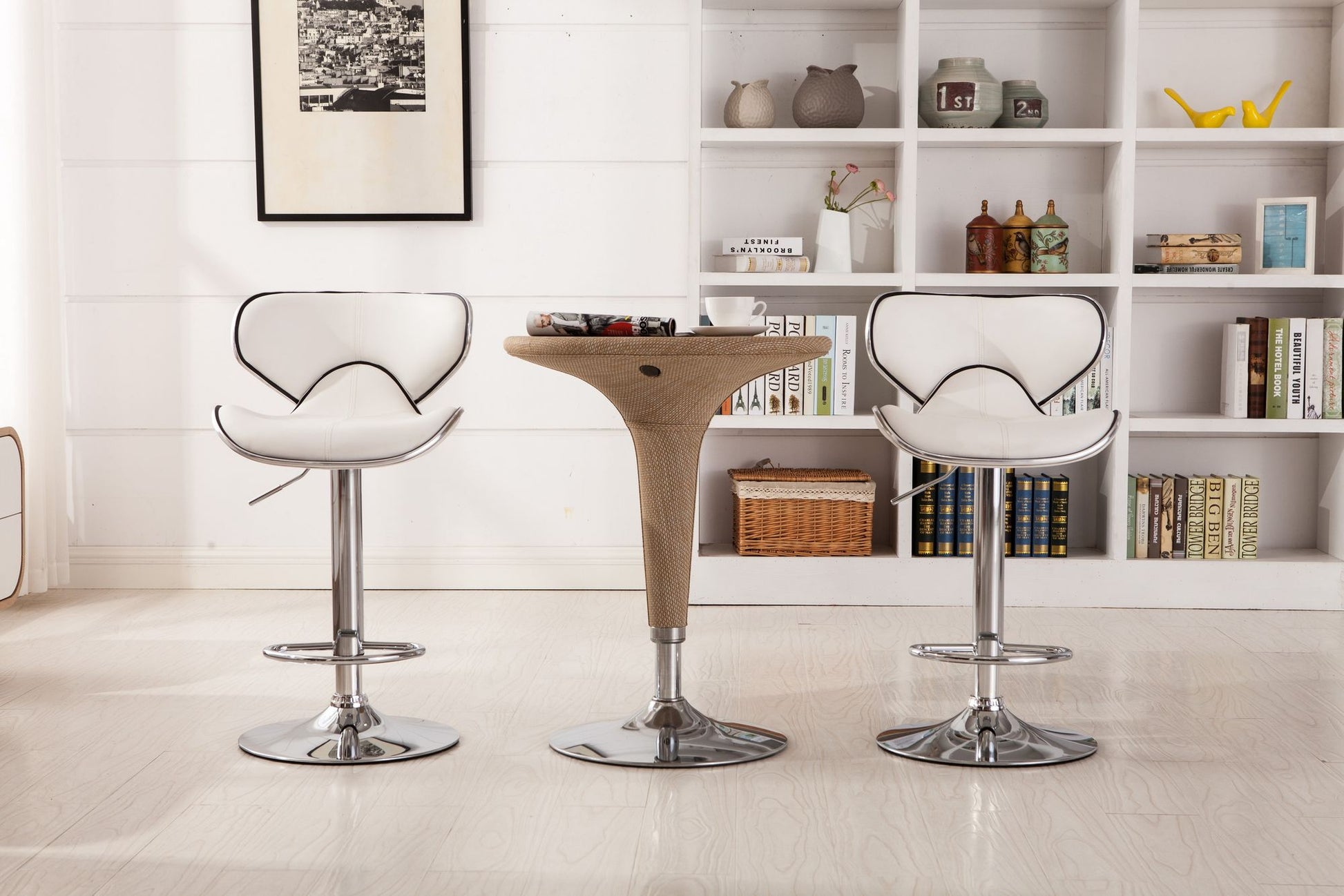 Masaccio Upholstery Airlift Adjustable Swivel Barstool with Chrome Base, Set of 2, White image 5