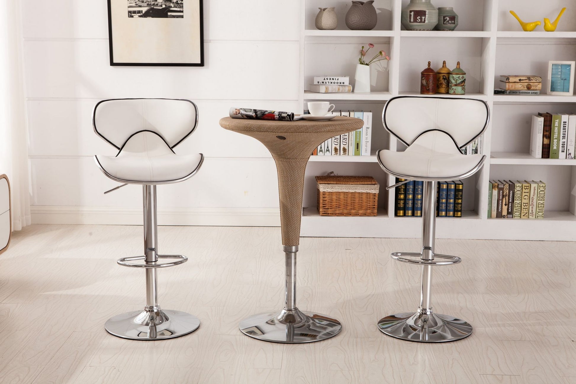 Masaccio Upholstery Airlift Adjustable Swivel Barstool with Chrome Base, Set of 2, White image 2