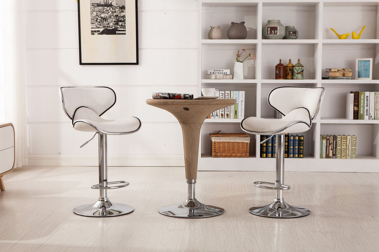 Masaccio Upholstery Airlift Adjustable Swivel Barstool with Chrome Base, Set of 2, White image 3