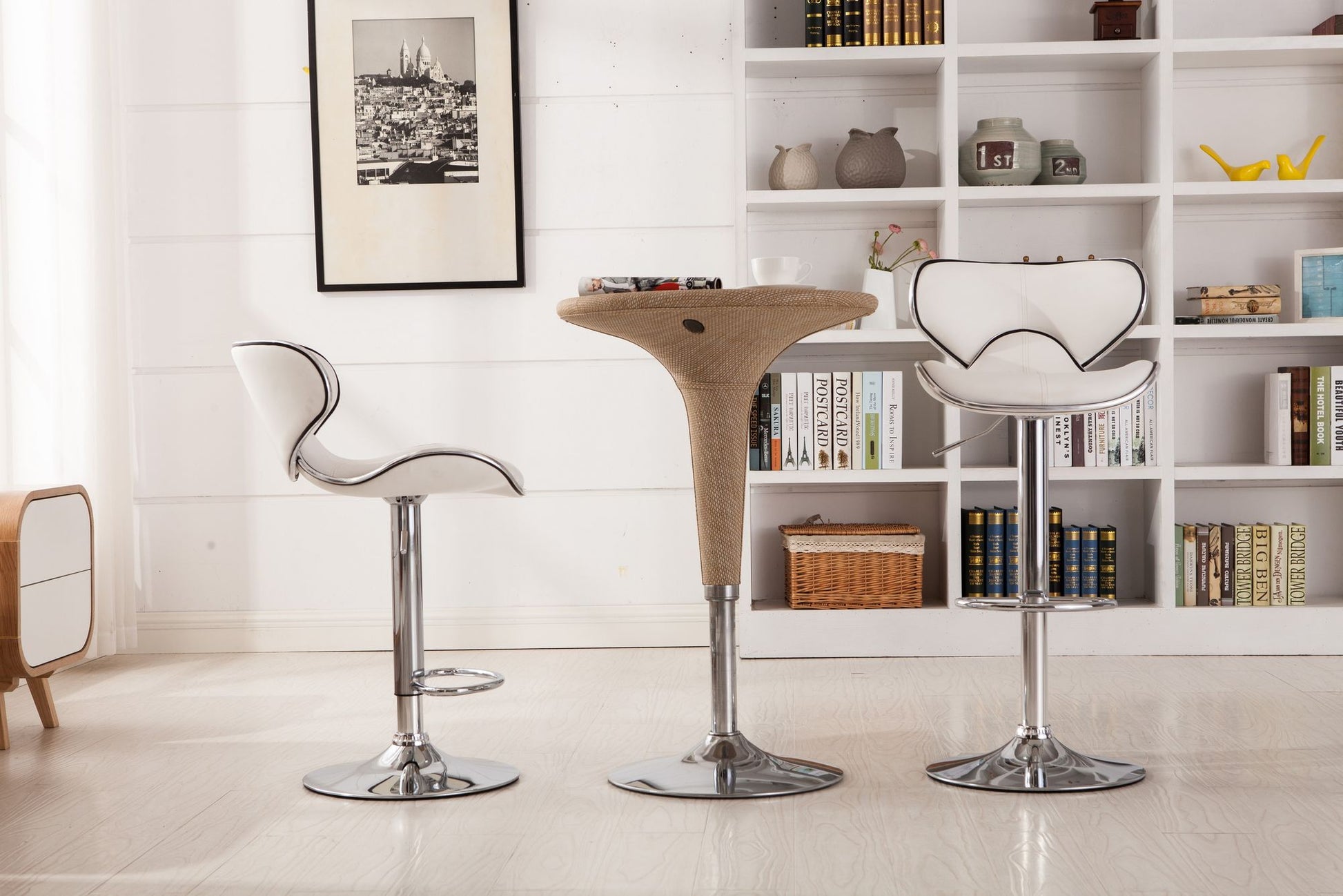 Masaccio Upholstery Airlift Adjustable Swivel Barstool with Chrome Base, Set of 2, White image 1