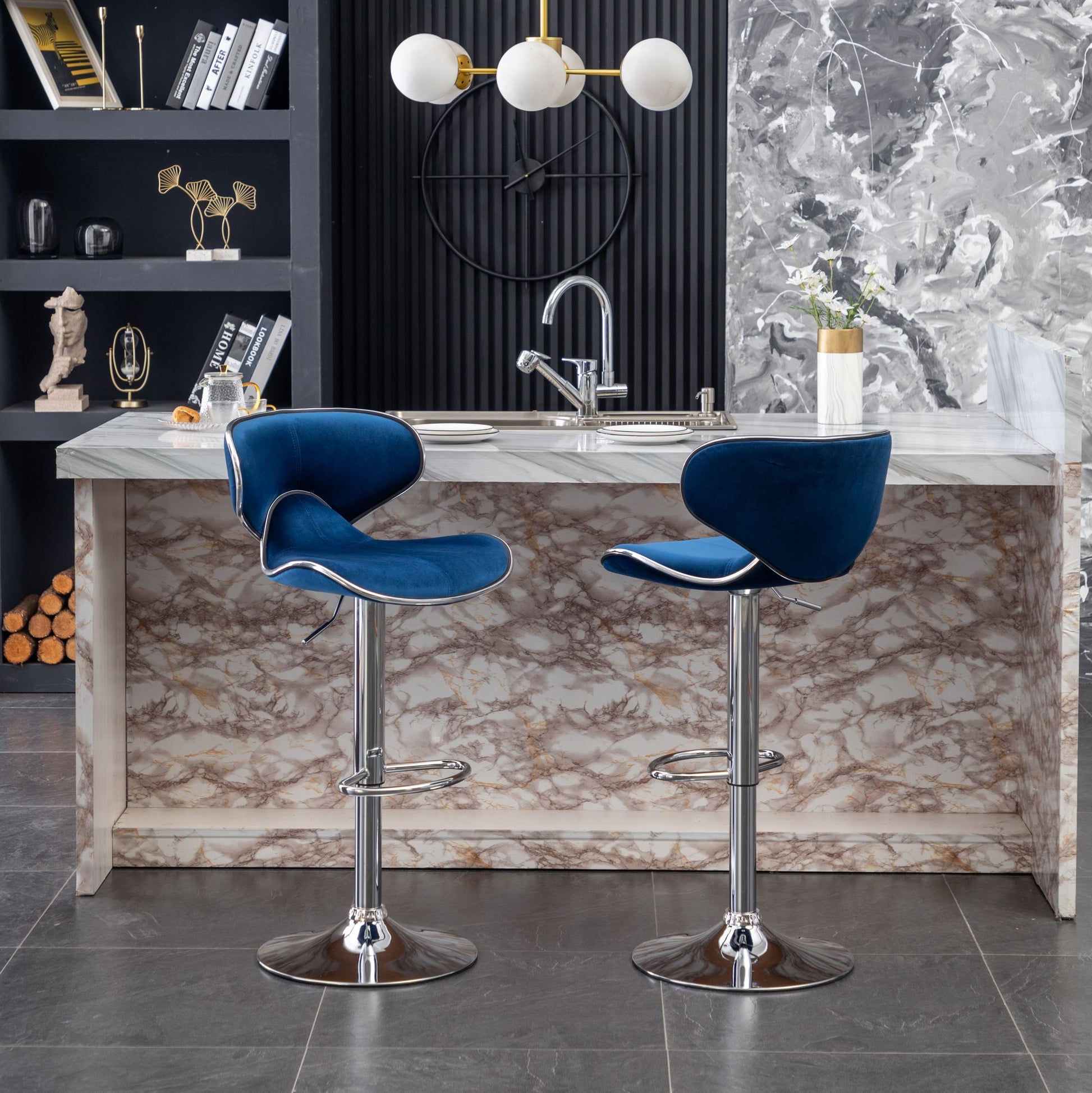 Masaccio Velvet Upholstered Adjustable Swivel Barstool, Set of 2, Blue image 1