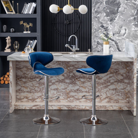 Masaccio Velvet Upholstered Adjustable Swivel Barstool, Set of 2, Blue image 1