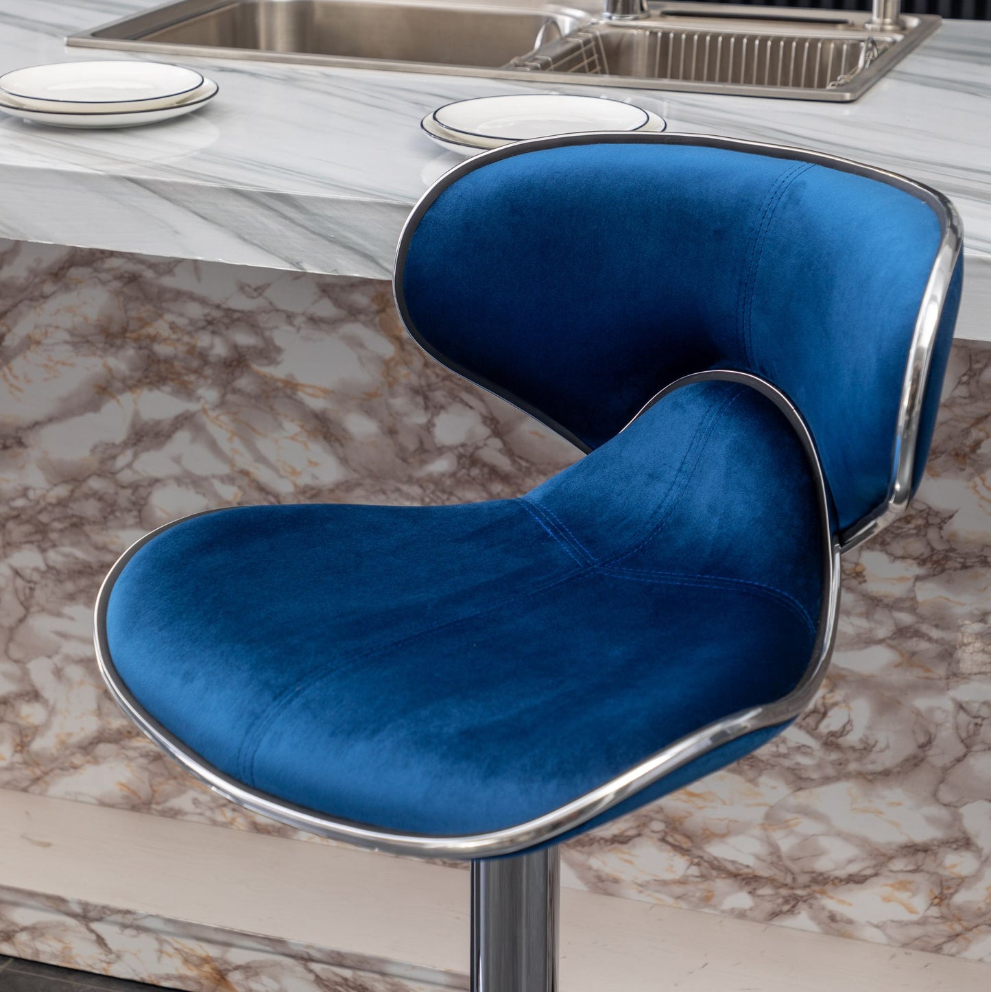Masaccio Velvet Upholstered Adjustable Swivel Barstool, Set of 2, Blue image 8