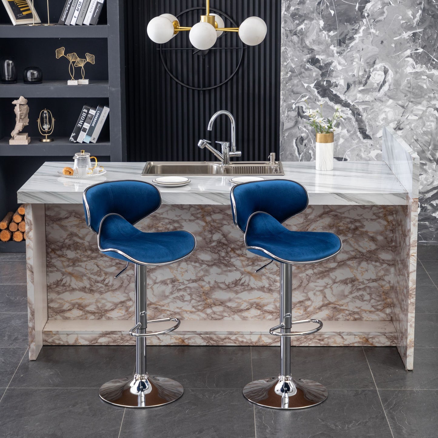 Masaccio Velvet Upholstered Adjustable Swivel Barstool, Set of 2, Blue image 3