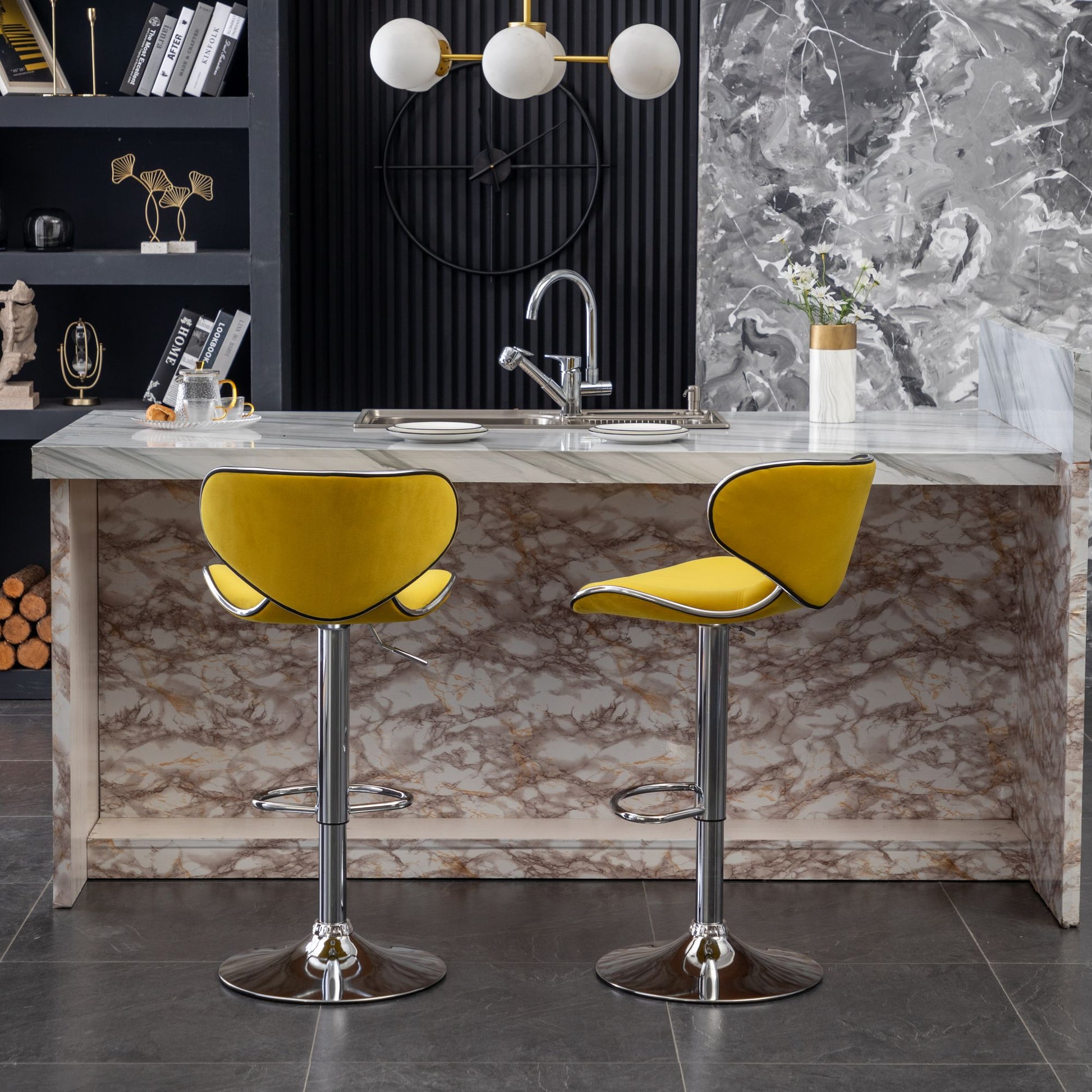 Masaccio Velvet Upholstered Adjustable Swivel Barstool, Set of 2, Yellow image 4