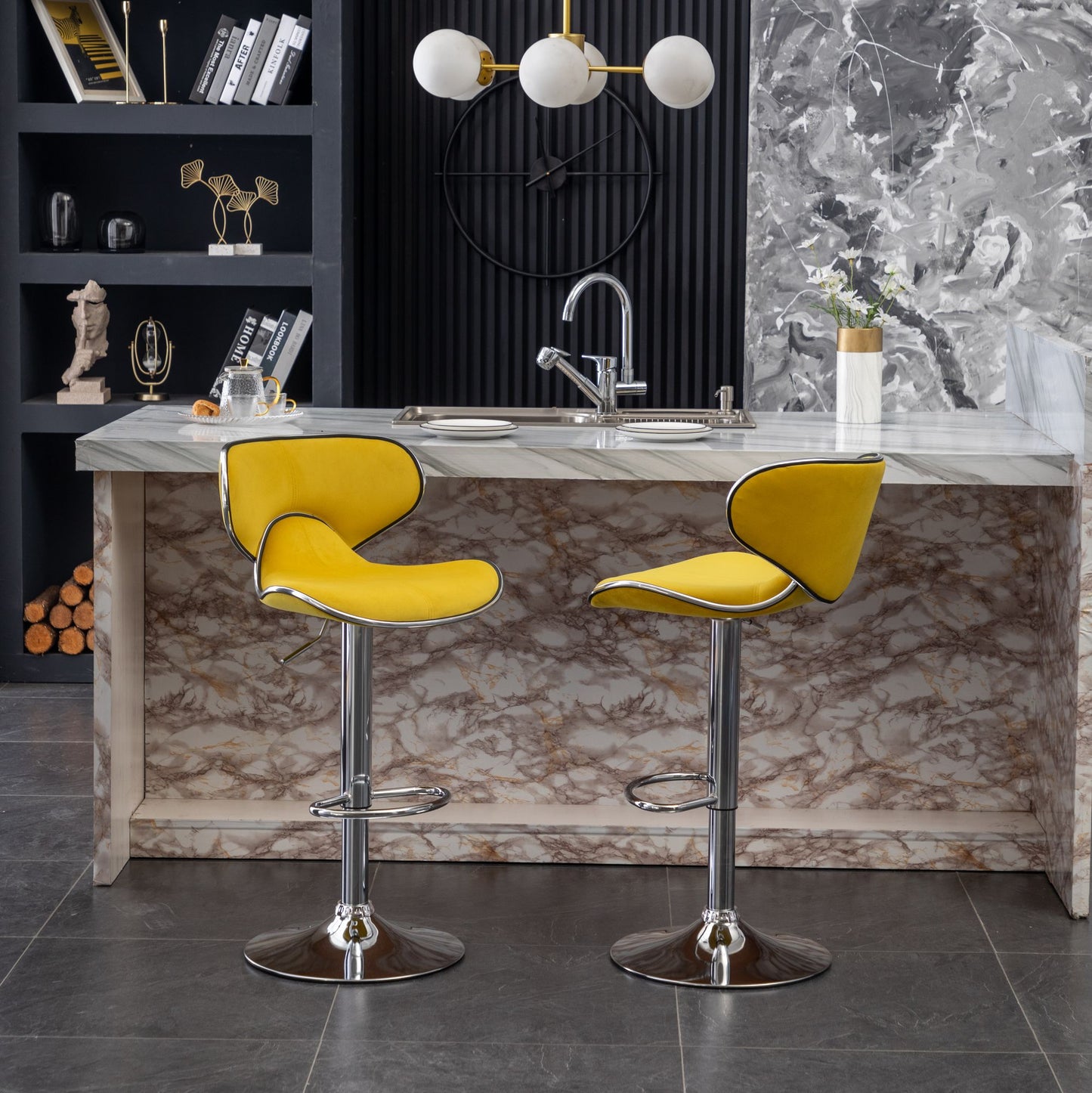 Masaccio Velvet Upholstered Adjustable Swivel Barstool, Set of 2, Yellow image 3