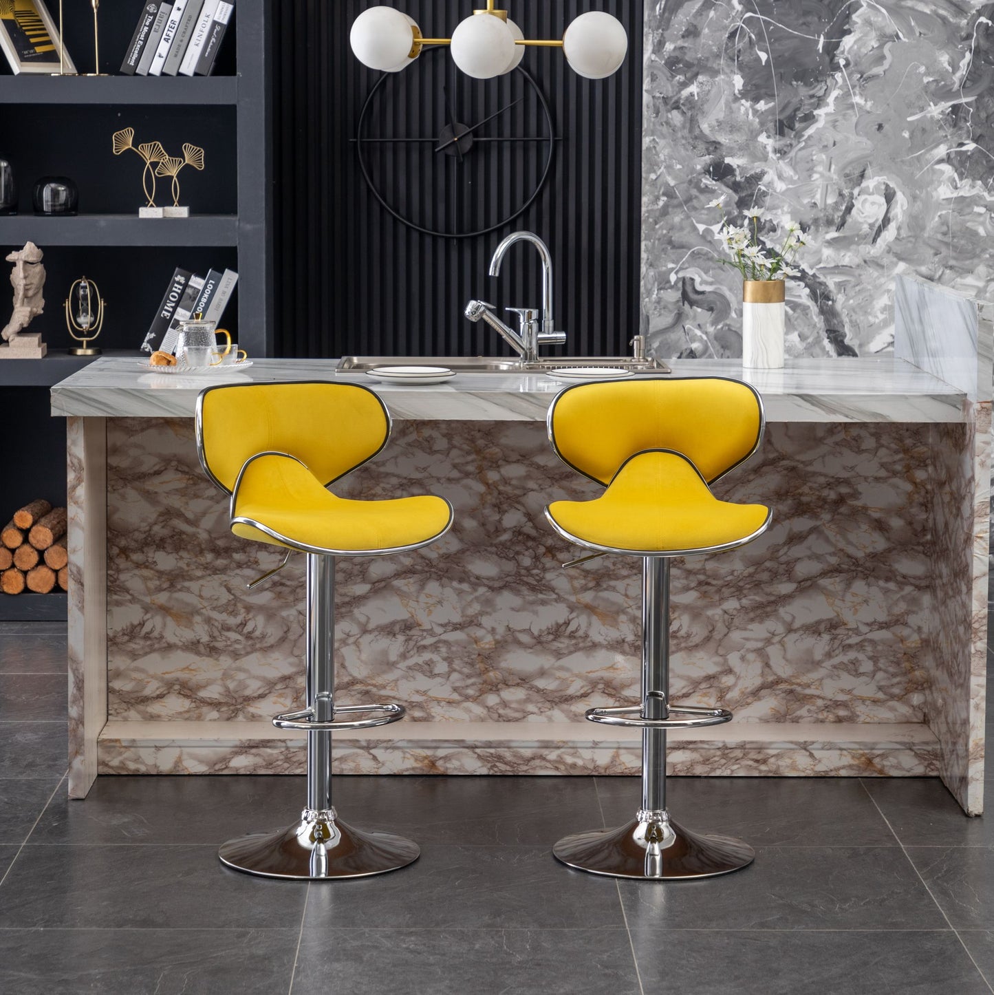 Masaccio Velvet Upholstered Adjustable Swivel Barstool, Set of 2, Yellow image 2