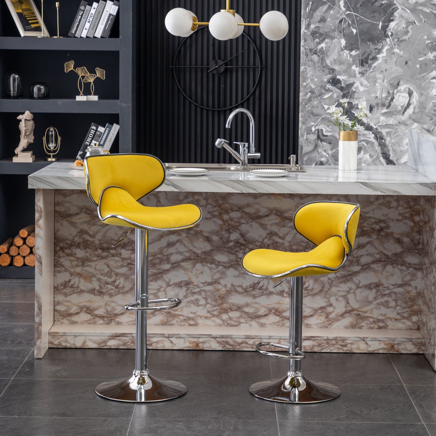 Masaccio Velvet Upholstered Adjustable Swivel Barstool, Set of 2, Yellow image 1