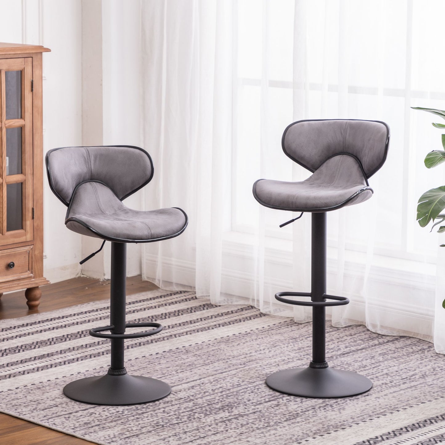 Masaccio Weathered Upholstery Airlift Adjustable Swivel Barstool with Chrome Base, Set of 2, Grey image 2