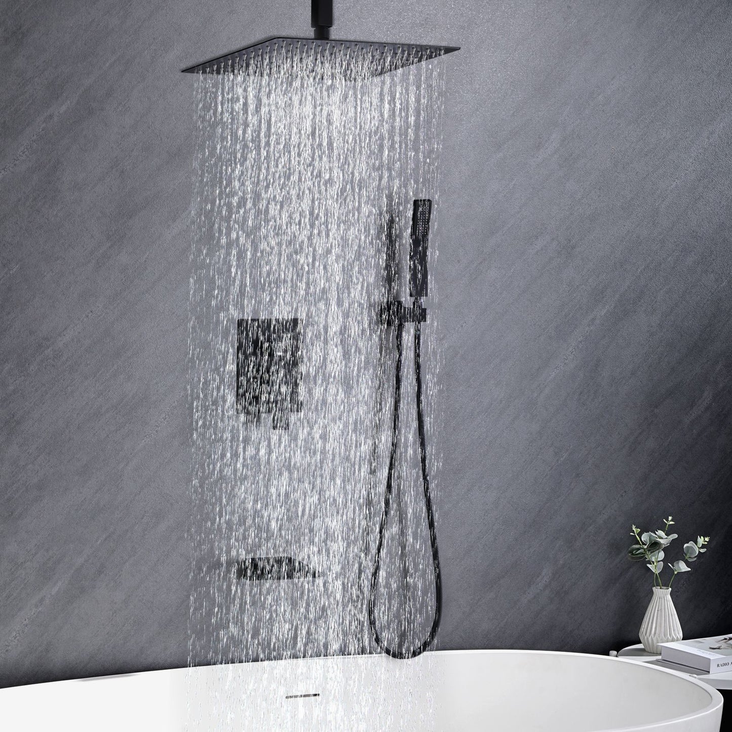 Matte Black 10 inches  Rain Shower Faucet Sets Complete With Shower System image 3