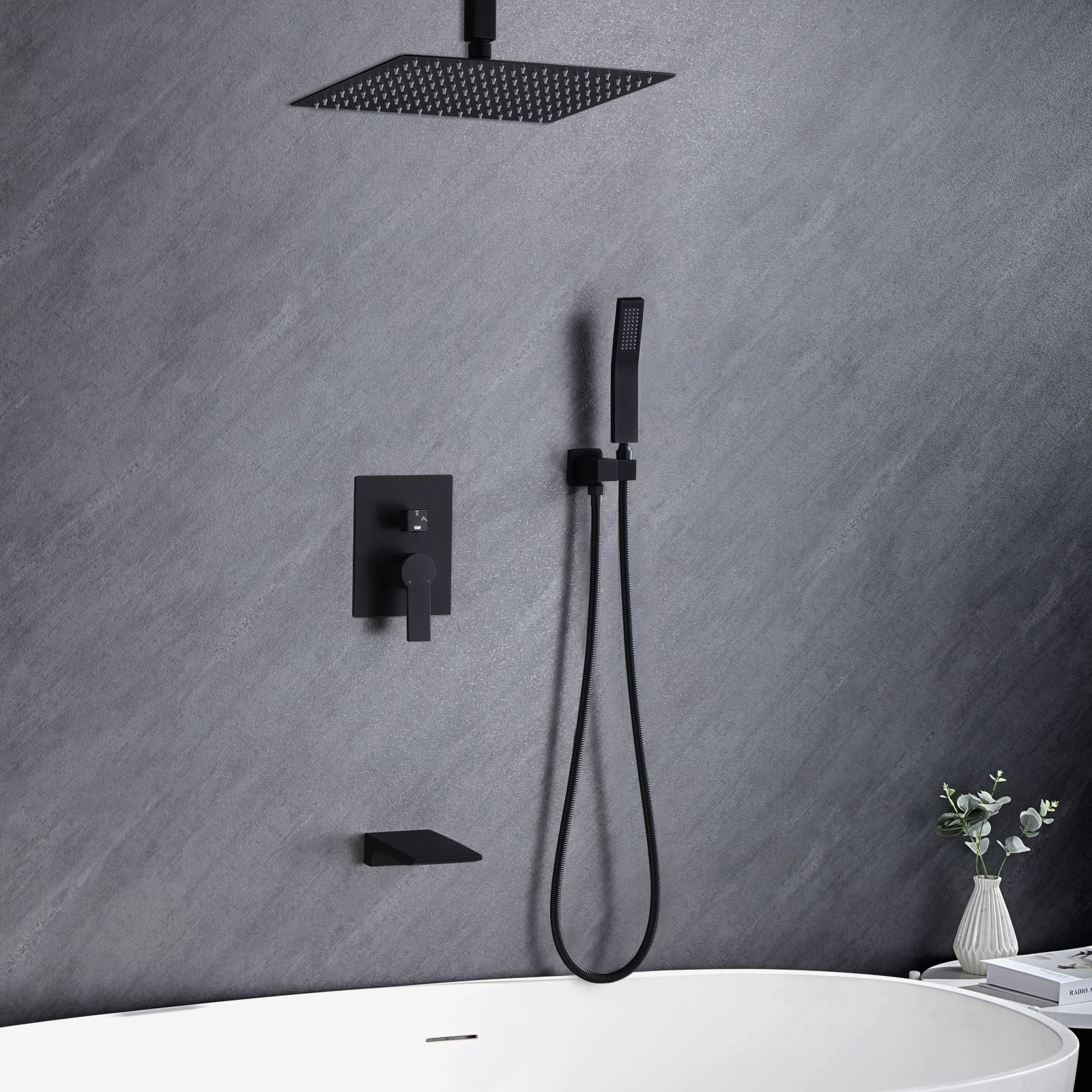 Matte Black 10 inches  Rain Shower Faucet Sets Complete With Shower System image 2
