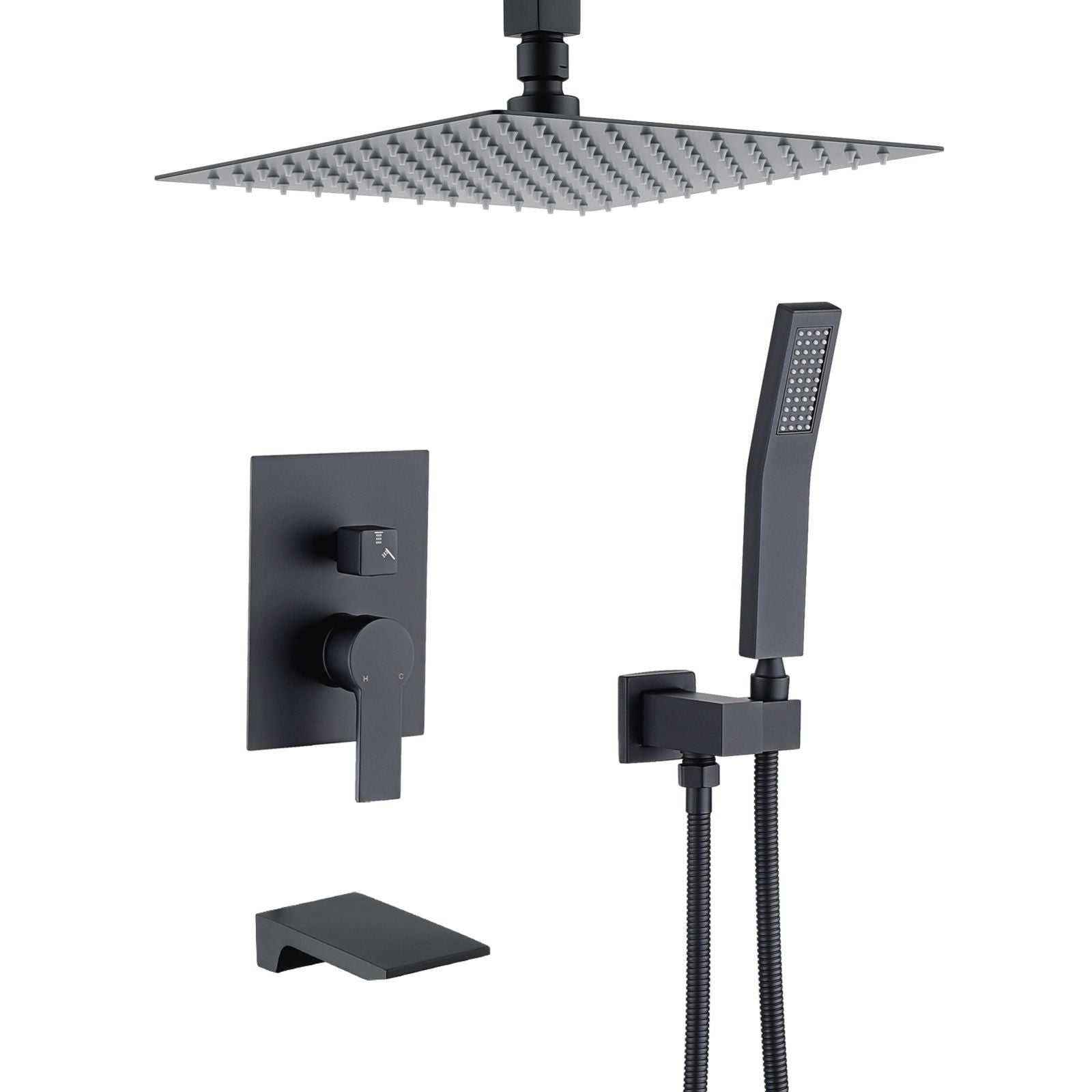 Matte Black 12 inches Rain Shower Faucet Sets with Waterfall Tub Spout and Handheld Shower Head image 1