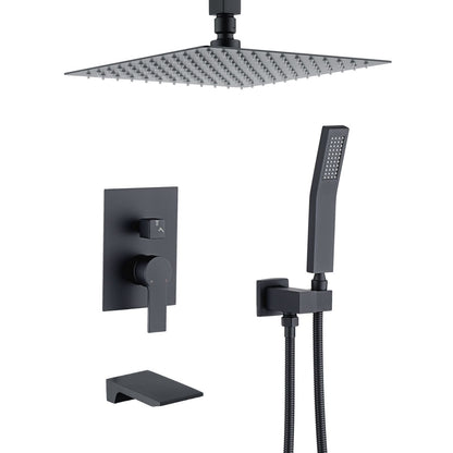Matte Black 12 inches Rain Shower Faucet Sets with Waterfall Tub Spout and Handheld Shower Head image 1