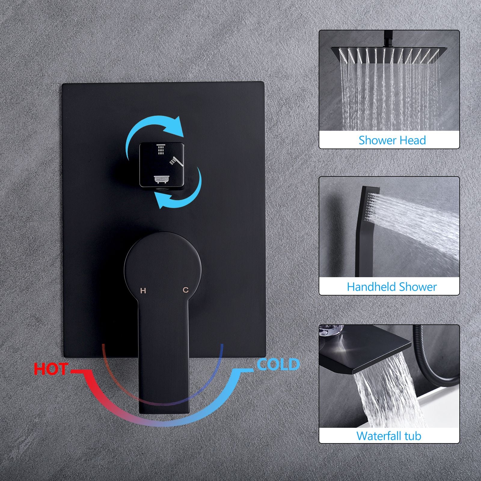 Matte Black 12 inches Rain Shower Faucet Sets with Waterfall Tub Spout and Handheld Shower Head image 5