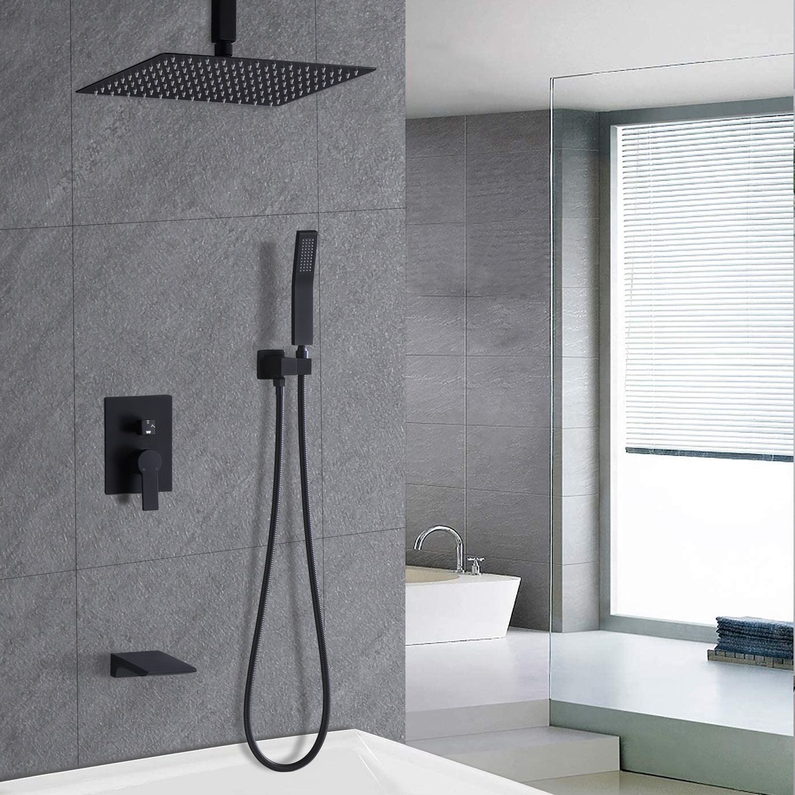 Matte Black 12 inches Rain Shower Faucet Sets with Waterfall Tub Spout and Handheld Shower Head image 2