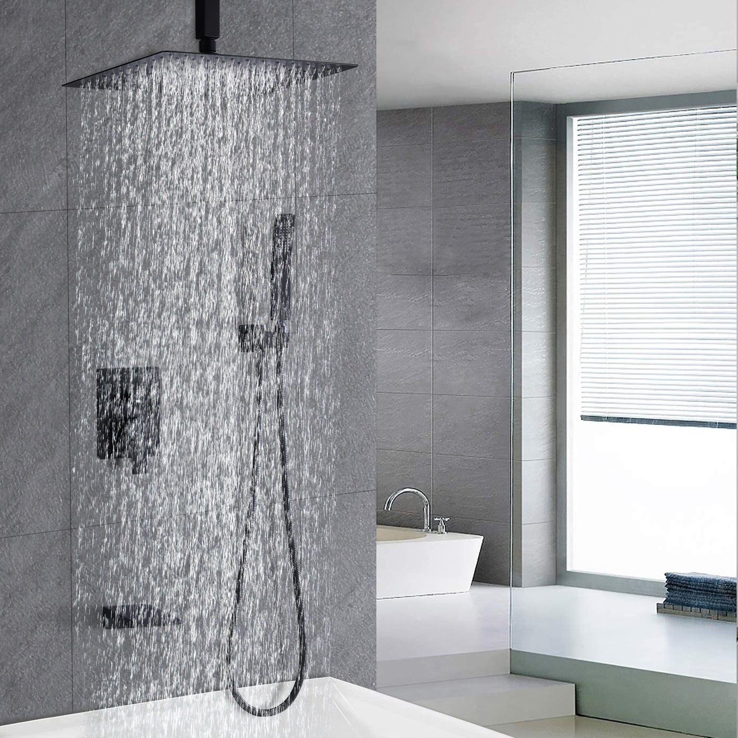 Matte Black 12 inches Rain Shower Faucet Sets with Waterfall Tub Spout and Handheld Shower Head image 3