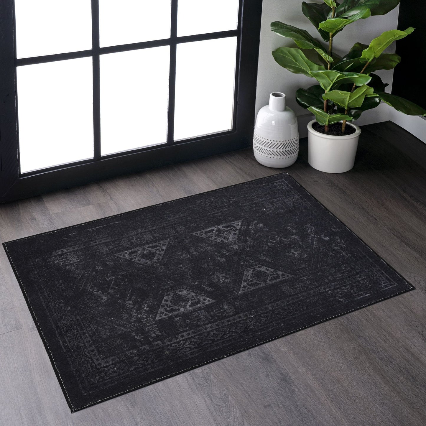 MAVAL Black Washable Rug 2' x 3' Doormat Rug (Black+Gray, 2' x 3') image 1