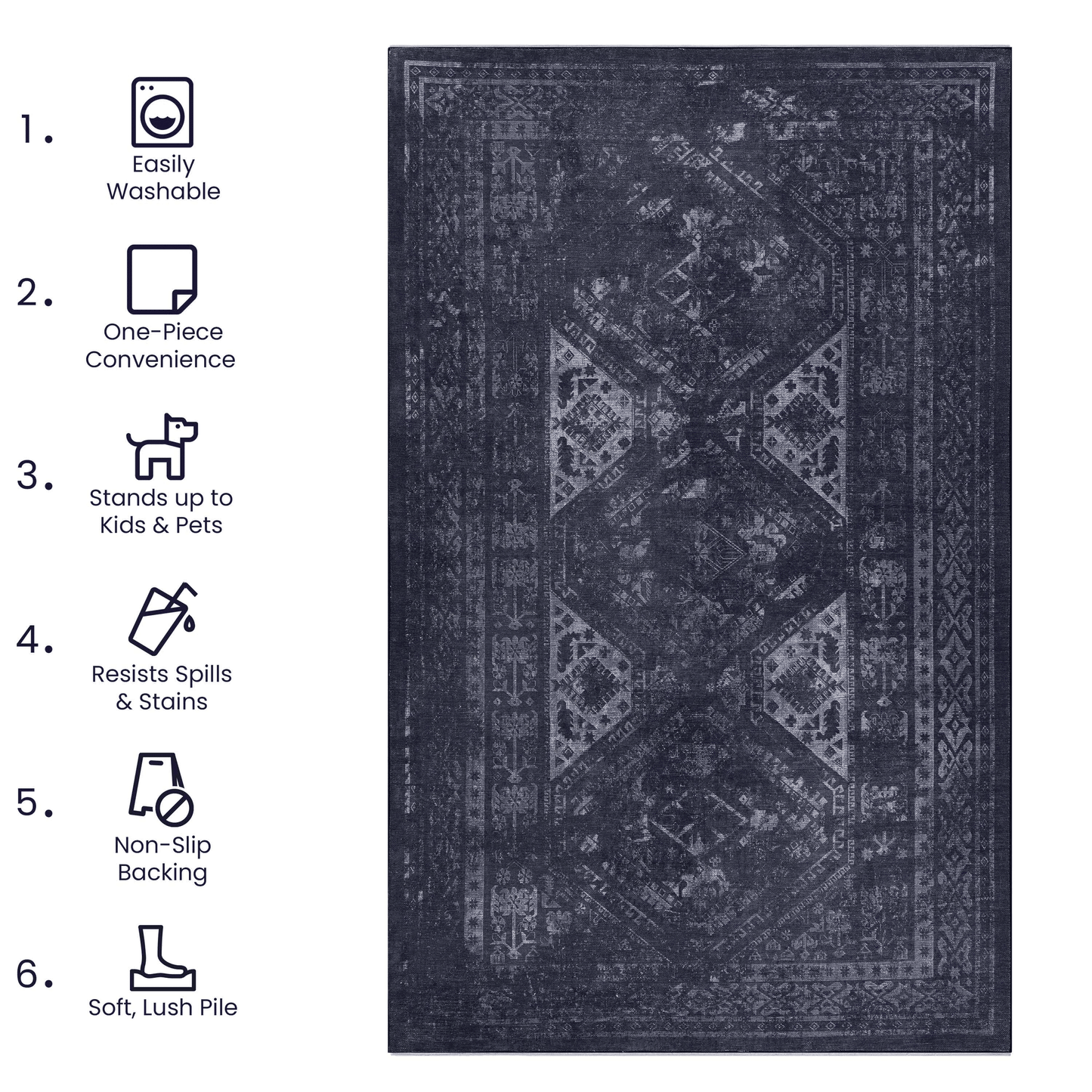 MAVAL Black Washable Rug 2' x 3' Doormat Rug (Black+Gray, 2' x 3') image 5