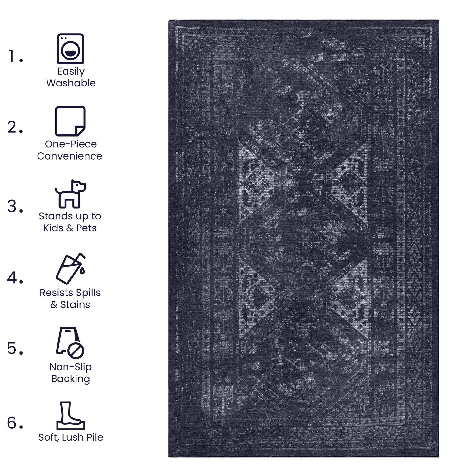 MAVAL Black Washable Rug 2' x 3' Doormat Rug (Black+Gray, 2' x 3') image 5