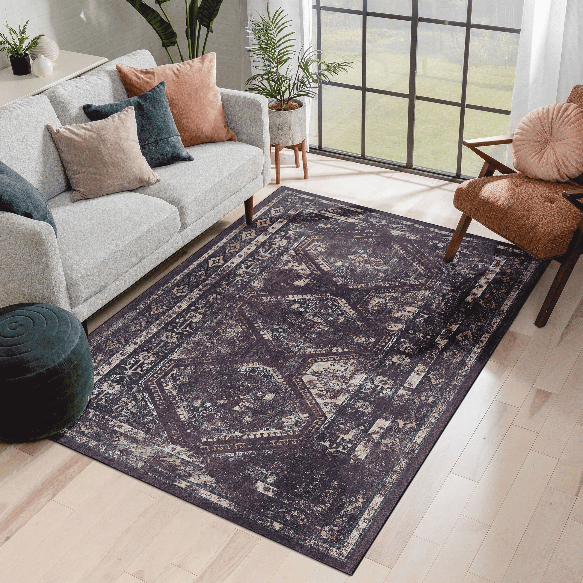 MAVAL Black Washable Rug 3x5 Area Rug (Black+Burgundy, 3' x 5') image 1