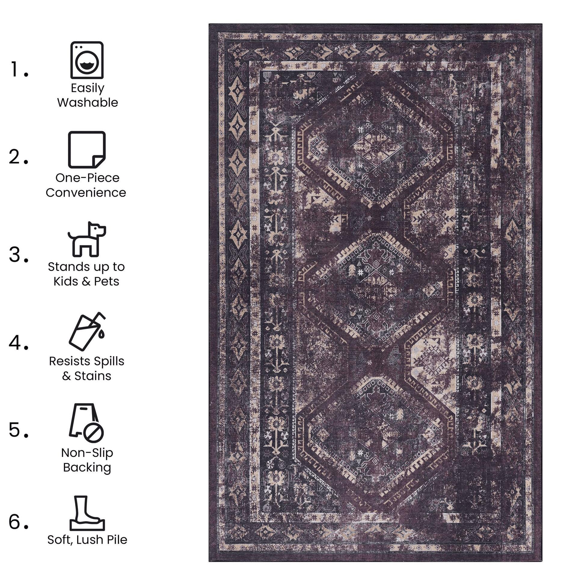 MAVAL Black Washable Rug 3x5 Area Rug (Black+Burgundy, 3' x 5') image 6