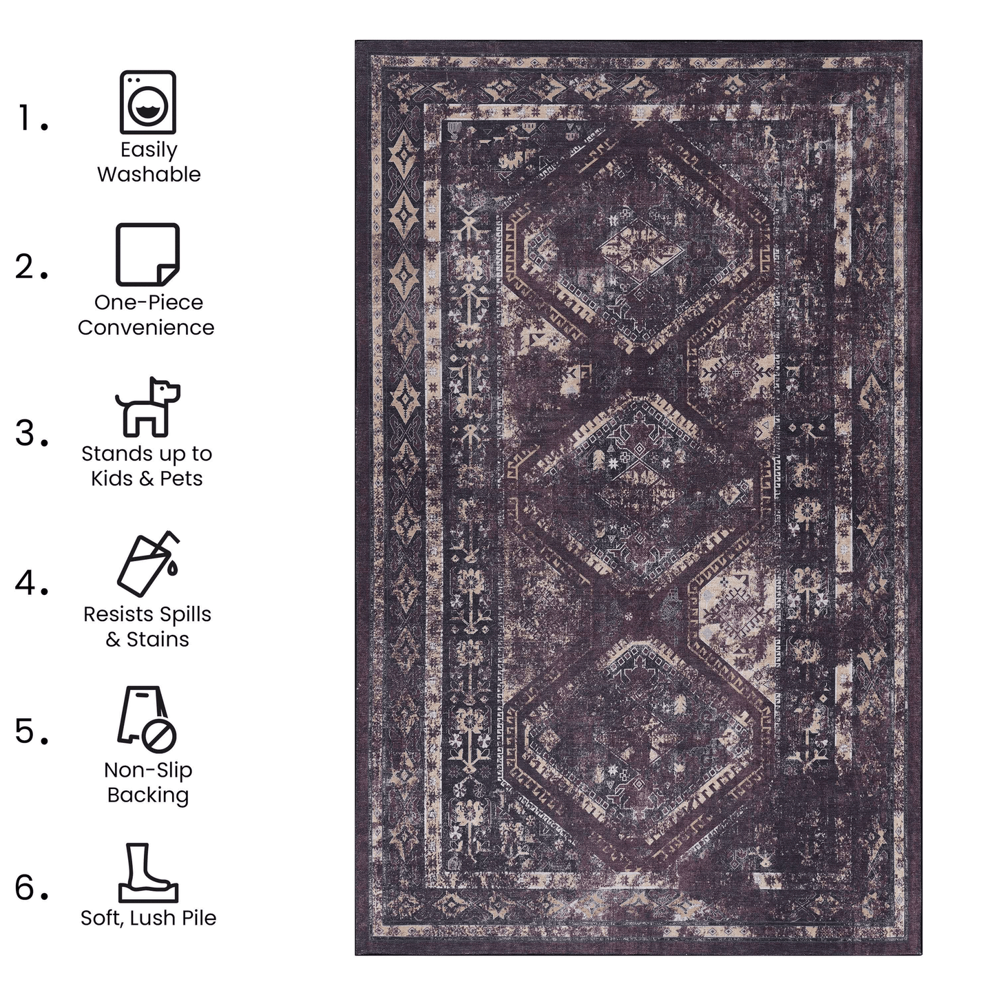 MAVAL Black Washable Rug 5x8 Area Rug (Black+Burgundy, 5' x 8') image 6