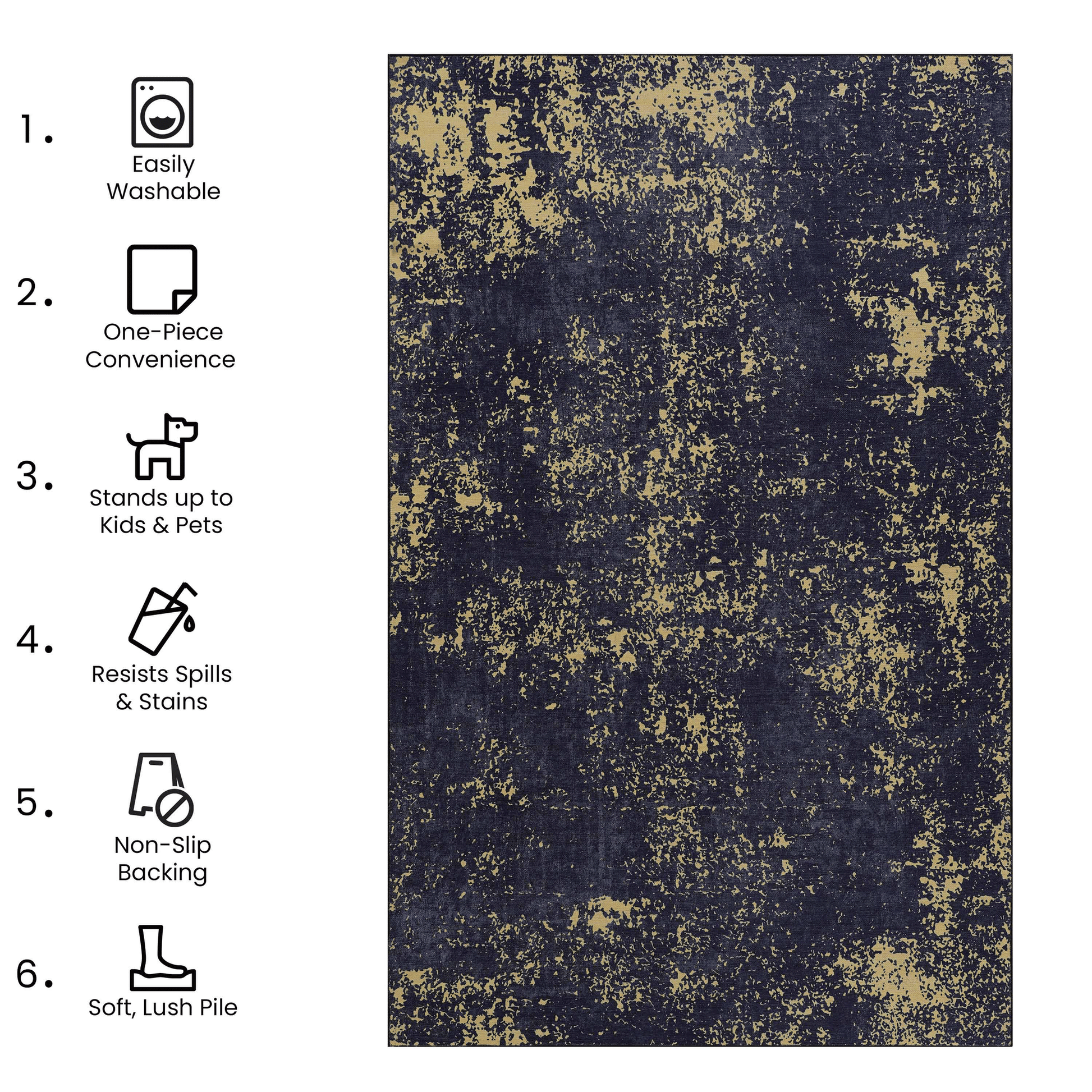 MAVAL Black Washable Rug 5x8 Area Rug (Black+Gold, 5' x 8') image 7