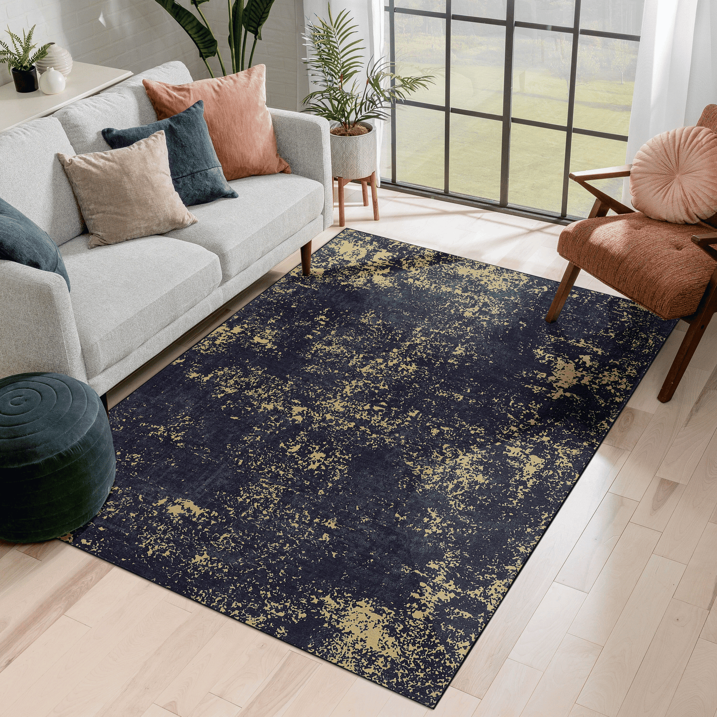MAVAL Black Washable Rug 6x9 Area Rug (Black+Gold, 6' x 9') image 1