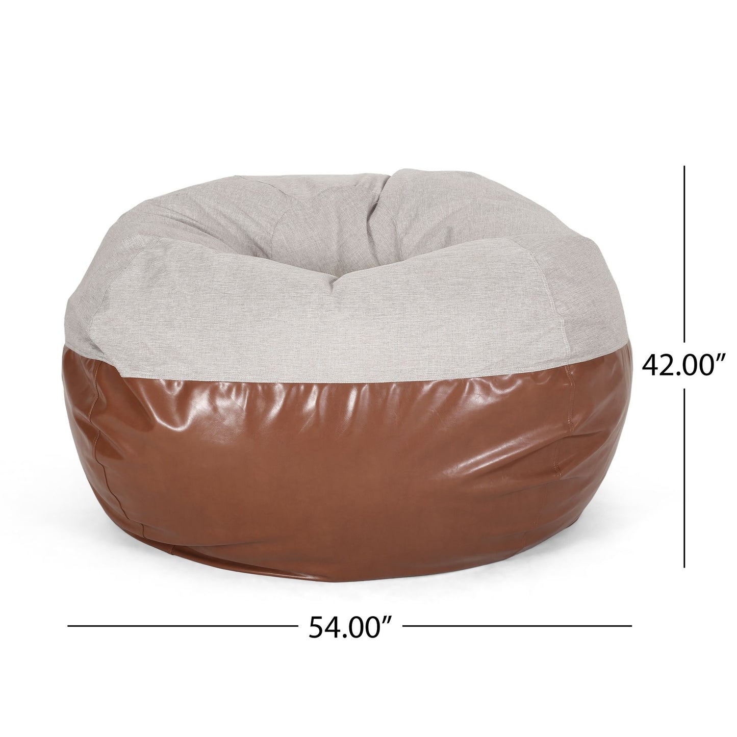 Maxi 5 Foot Two color Fabric and Faux Leather Rounded Bean Bag, Light Grey and Coffee Brown image 2