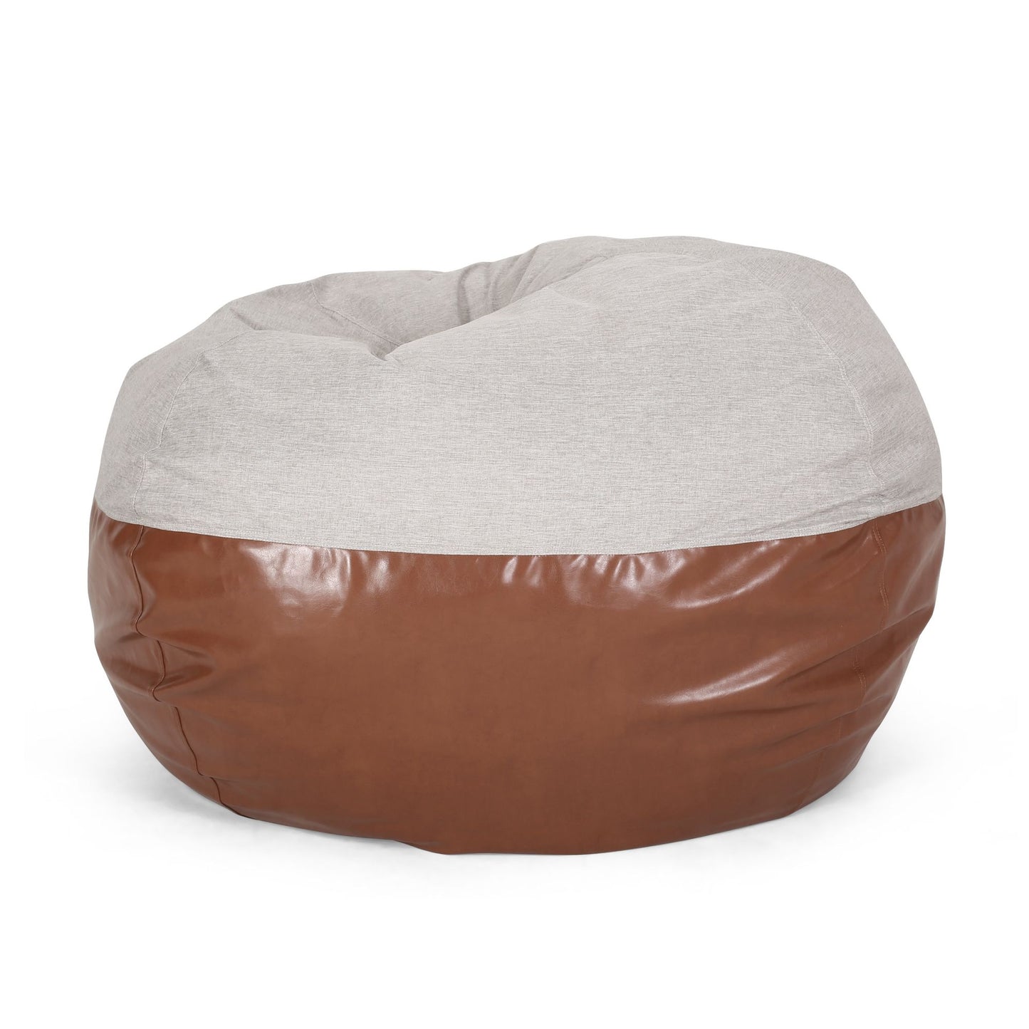Maxi 5 Foot Two color Fabric and Faux Leather Rounded Bean Bag, Light Grey and Coffee Brown image 1