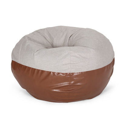 Maxi 5 Foot Two color Fabric and Faux Leather Rounded Bean Bag, Light Grey and Coffee Brown image 5