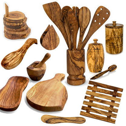 Mediterranean Olive Wood Ultimate Kitchen Collection - 25-Piece Luxury Handcrafted Cooking, Dining and Serving Accessori image 1