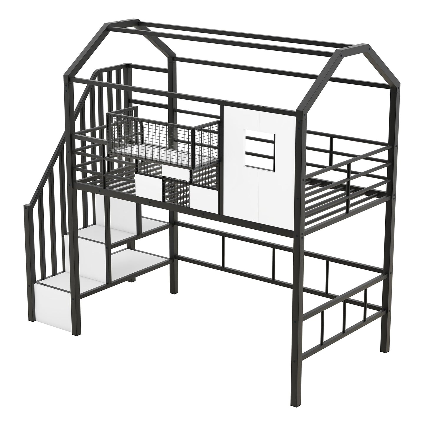 Metal Loft Bed with roof design and a storage box, Twin, Black image 7