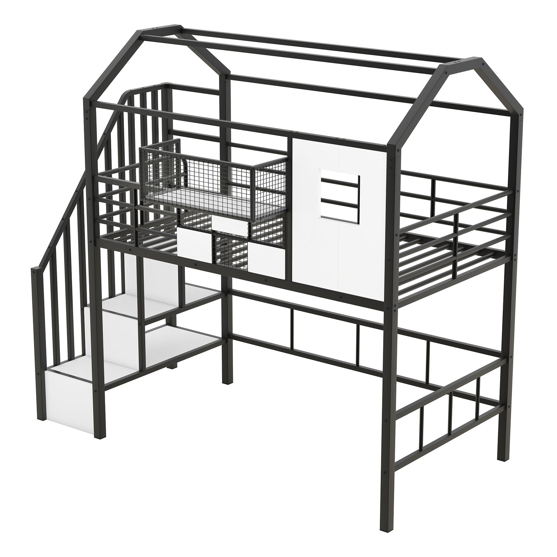 Metal Loft Bed with roof design and a storage box, Twin, Black image 7