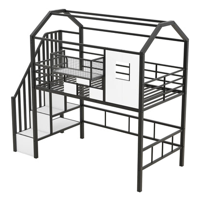 Metal Loft Bed with roof design and a storage box, Twin, Black image 7