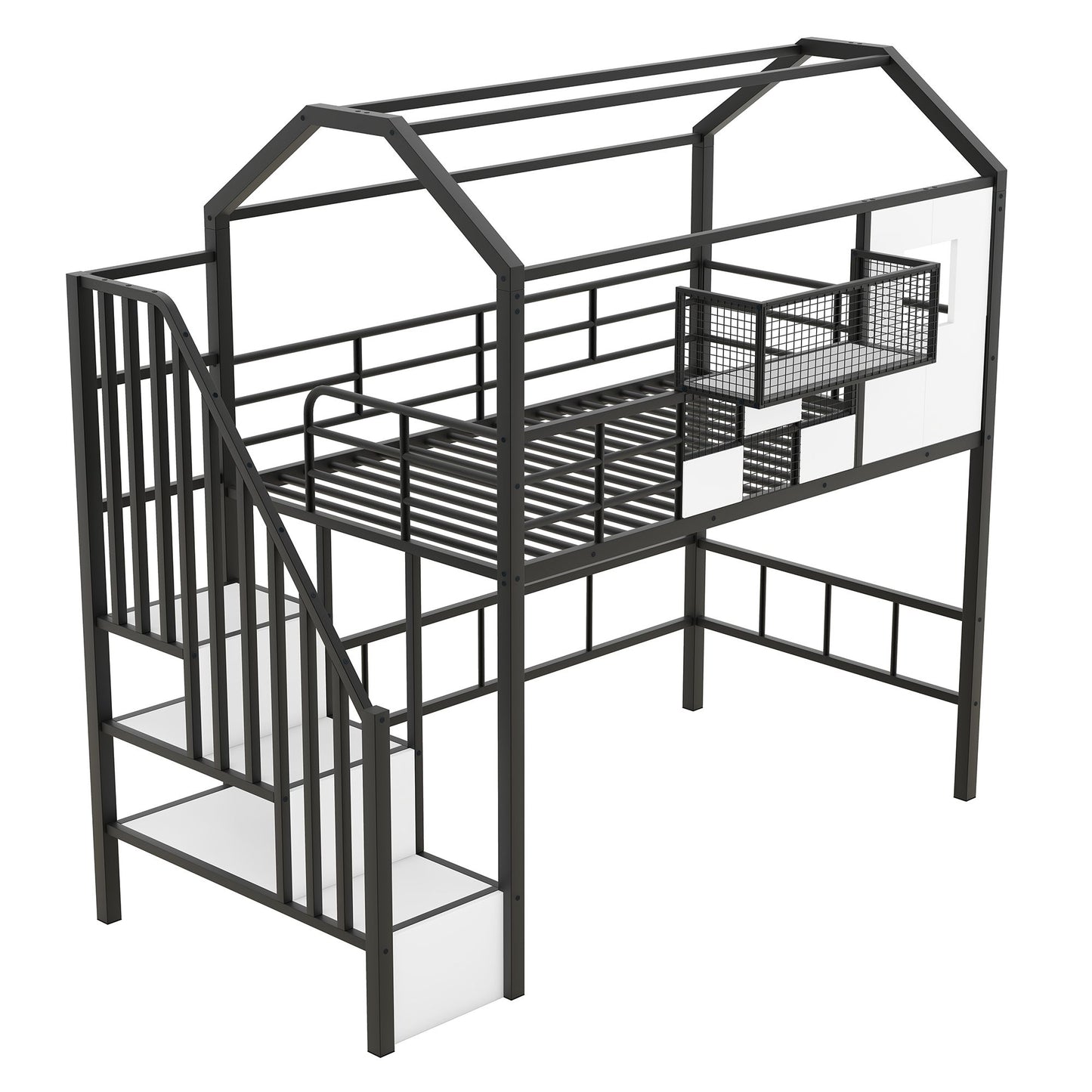 Metal Loft Bed with roof design and a storage box, Twin, Black image 6
